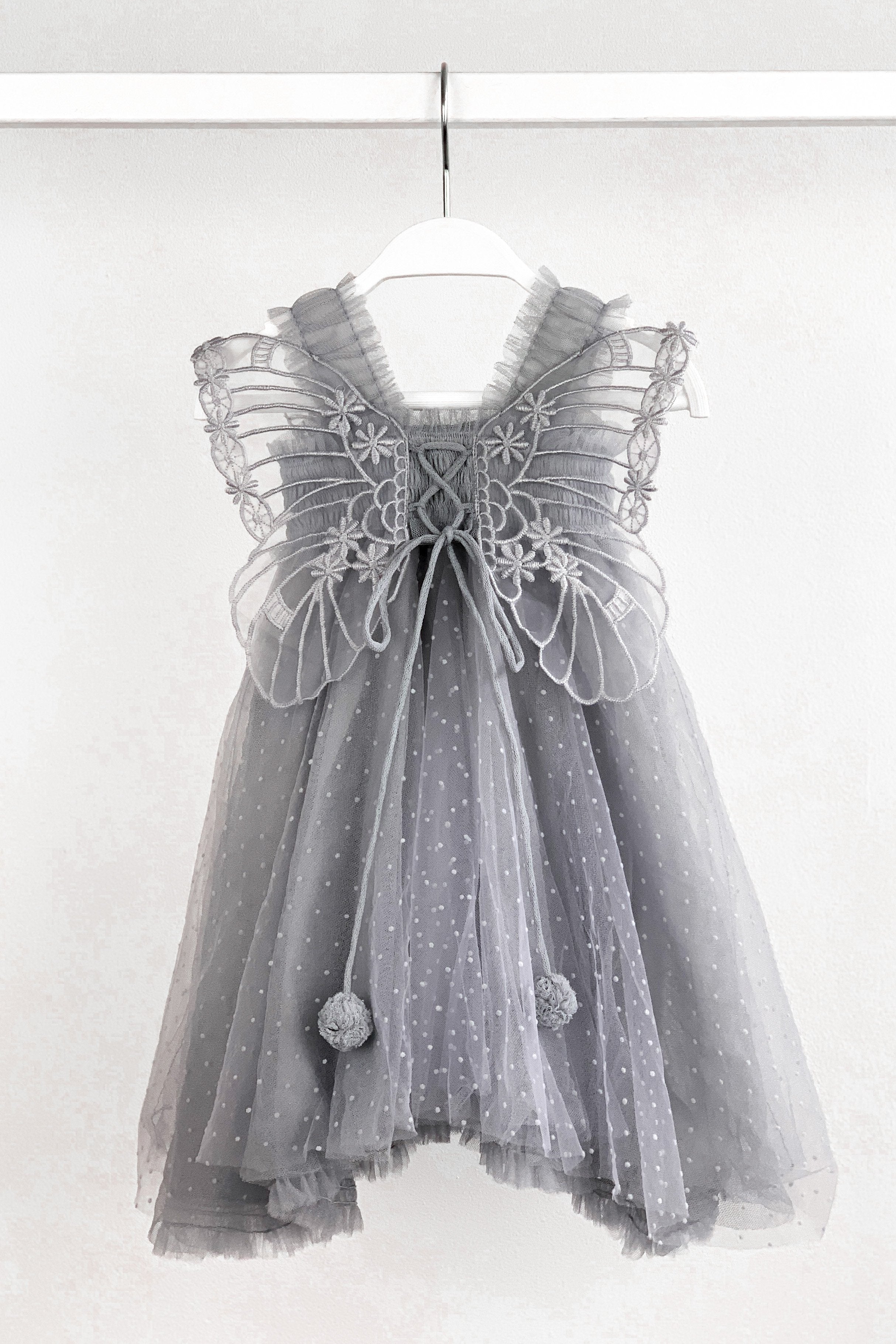 Stormi Grey Plumeti Dot Fairy Wing Dress for Girls – Elegant Party, Photo Shoot & Special Occasion Outfit