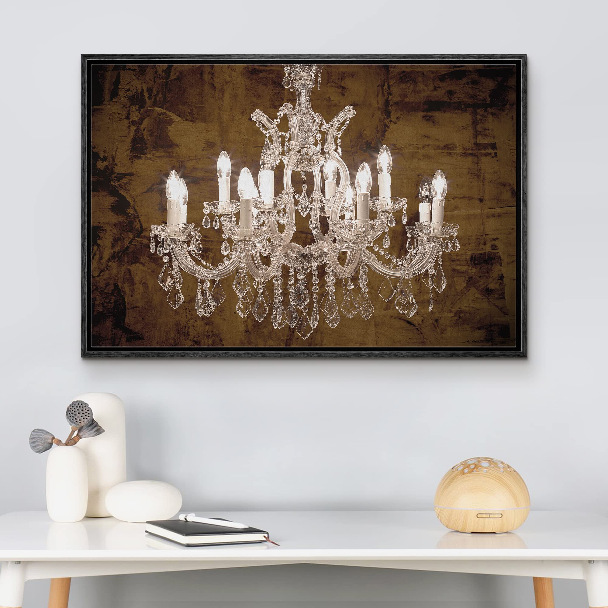 Wall26 Framed Canvas Print - Brown Grunge White Crystal Chandelier Wall Art | Modern Digital Art for Living Room, Bedroom, Office Decor | 24x36 Inch Black Frame | Perfect for Relaxing Spaces & Contemporary Home Décor