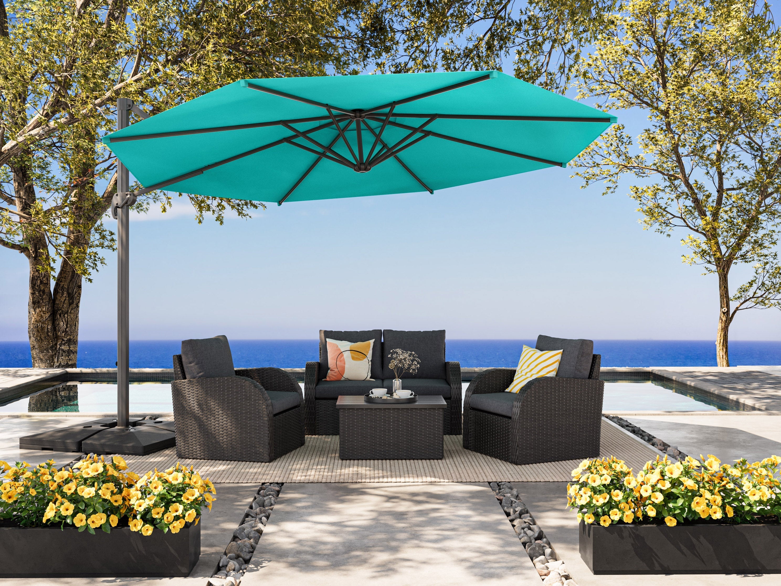 11.5ft Deluxe Offset Patio Umbrella in Turquoise - Outdoor Cantilever Sun Shade for Poolside, Garden, and Backyard Relaxation