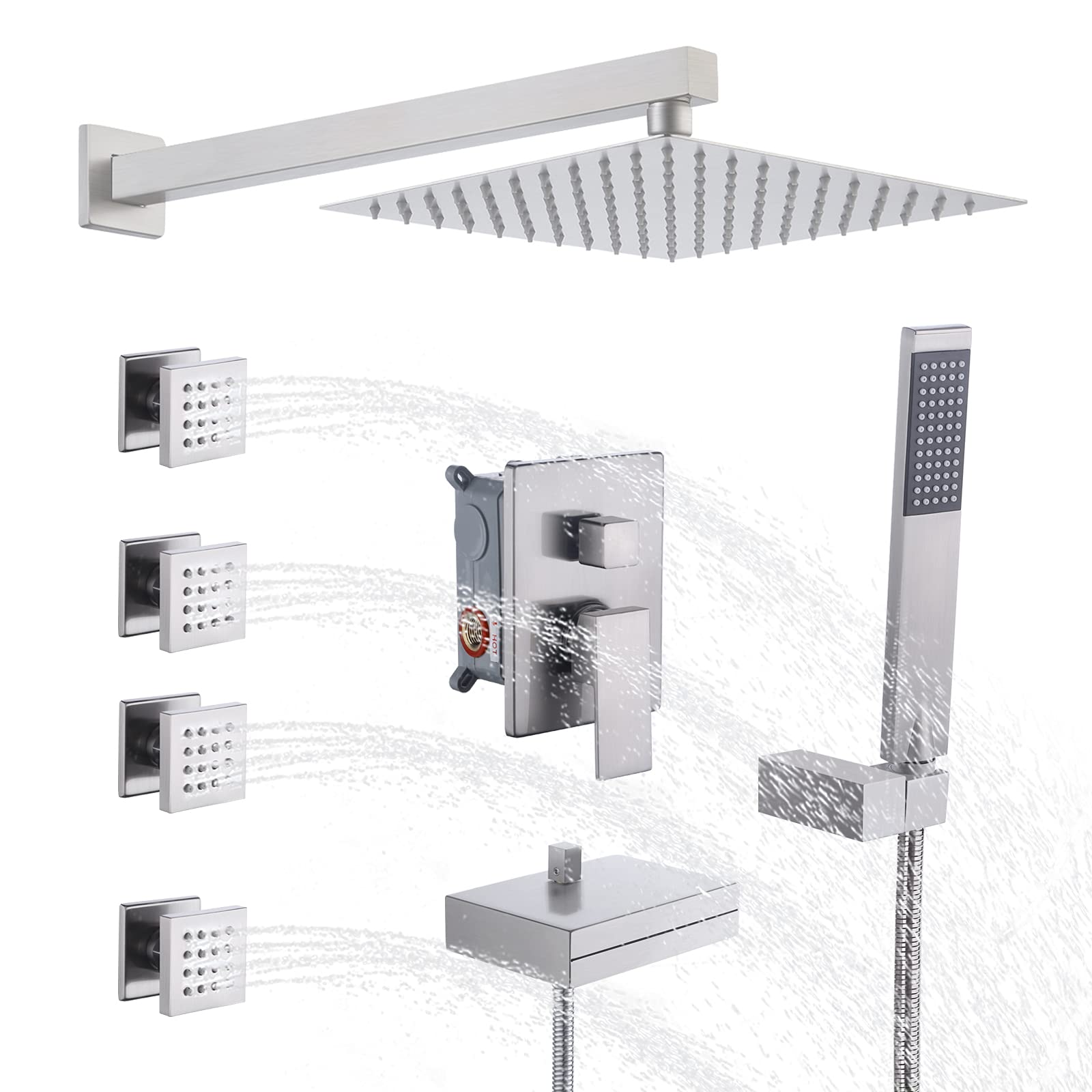 KES Luxury Shower System - 12 Inch Rain Shower Head, Handheld Shower & Waterfall Tub Spout with Diverter - 4 Function Full Body Shower Jets in Brushed Nickel (XB6405S12-BN) - Perfect for Spa-Like Bathroom Upgrades & Modern Home Renovations