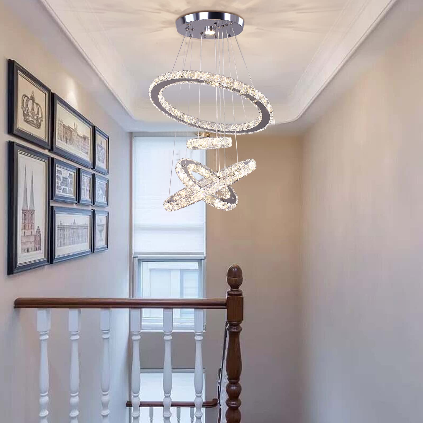 Modern LED Crystal Chandelier - Adjustable Stainless Steel Pendant Light Fixture with Dimmable Rings for Living Room, Dining Room, Bedroom | Elegant Home Lighting for Parties, Weddings & Luxury Interior Decor