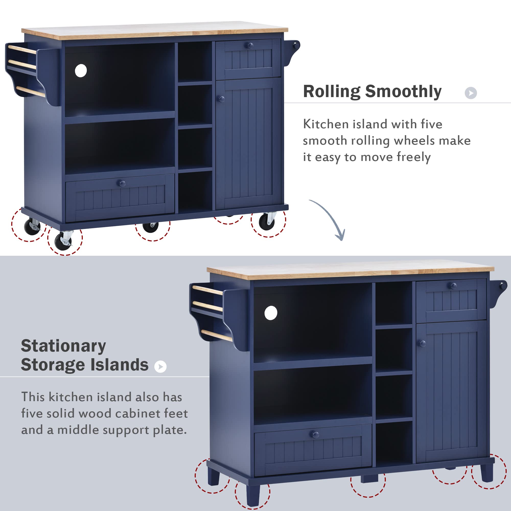 Solid Wood Kitchen Island Cart with Storage Cabinet & Microwave Shelf - Mobile Kitchen Cart for Dining Room, Living Room - Perfect for Small Spaces & Entertaining (Dark Blue)