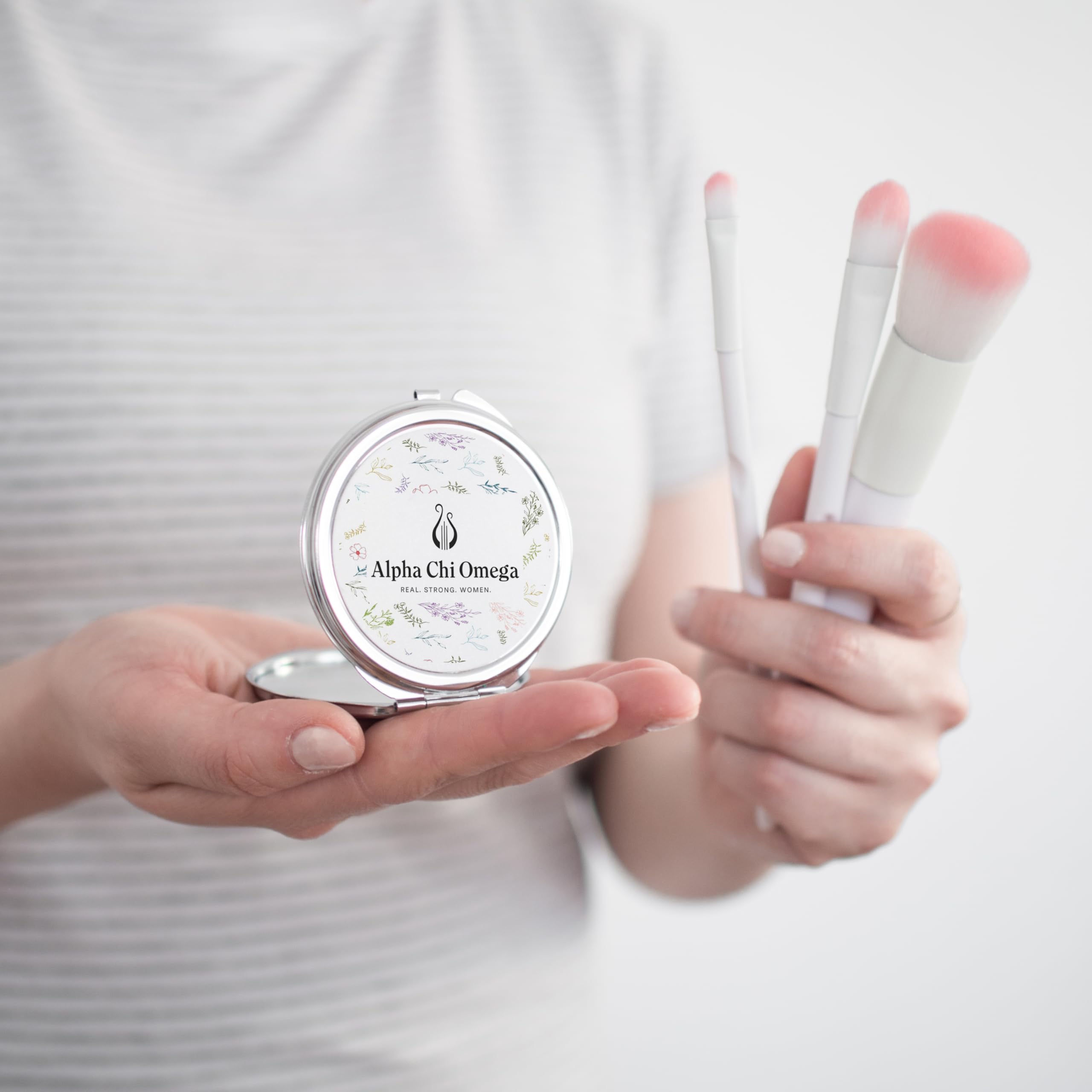 Alpha Chi Omega Sorority Compact Mirror - Round Portable Makeup Mirror with Double Cosmetic Pockets - Perfect for Sorority Sisters, Travel & Touch-ups