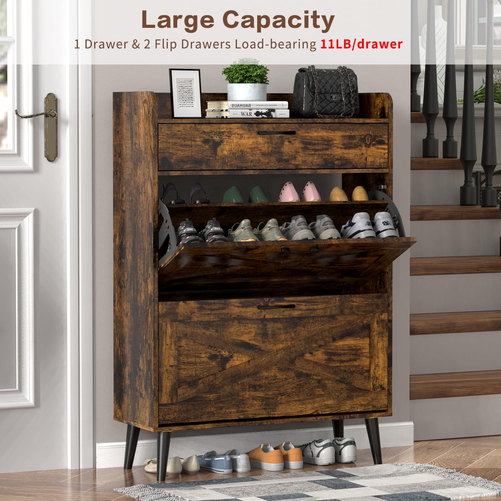 EasyCom 12-Pair Shoe Storage Cabinet with 2 Flip Drawers & Top Compartment - Freestanding Entryway Shoe Organizer with Metal Legs, Rustic Brown - Perfect for Small Spaces, Closet Organization & Entryway Storage
