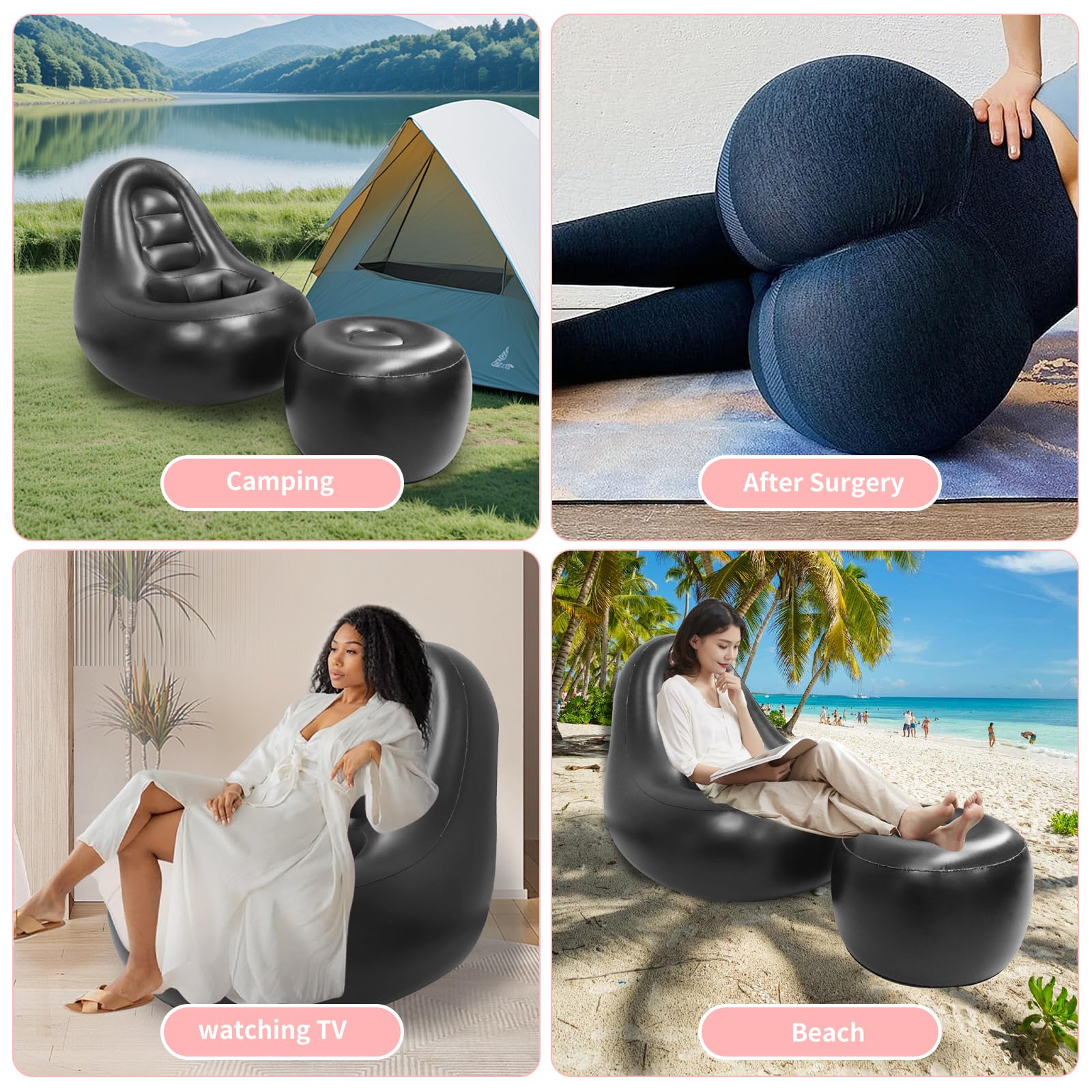 Inflatable Chair Sofa with Hole for Post-Surgery Recovery - BBL Support Cushion with Electric Air Pump & Ottoman - Comfortable Seating for Brazilian Butt Lift, Pregnancy & Relaxation (Black) - Perfect for Home, Hospital & Office Use