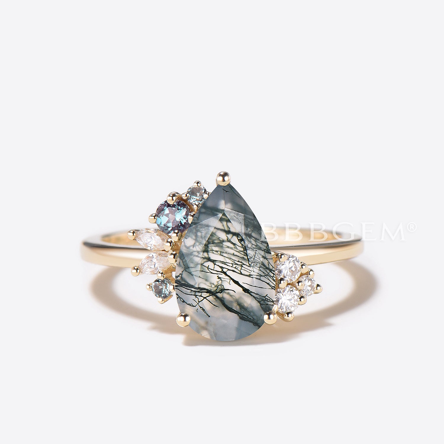 Natural Pear Cut Moss Agate Cluster Engagement Ring with Alexandrite & Diamonds | Vintage Style Wedding Ring for Women | Perfect for Proposals, Anniversaries & Special Occasions
