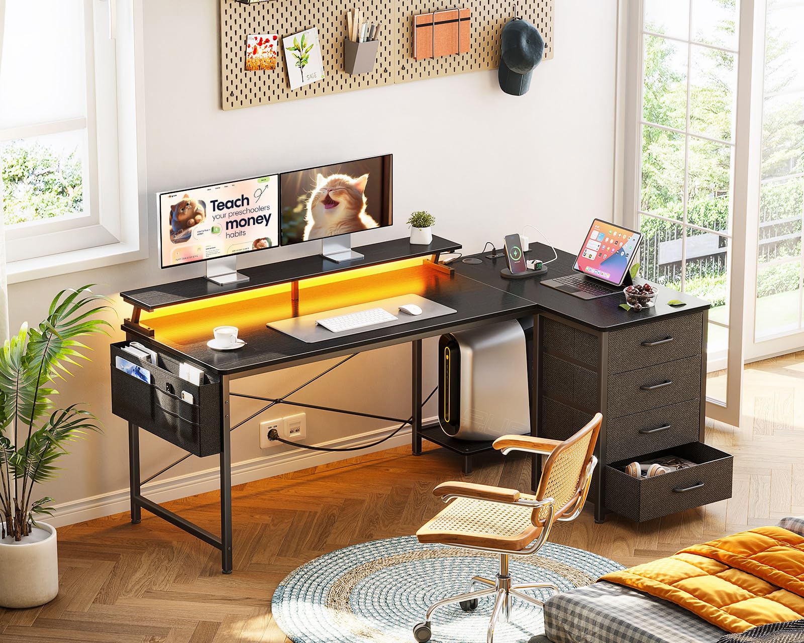 ODK 55-Inch L Shaped Gaming Desk with LED Lights & USB Ports, Reversible Computer Desk with 4 Drawers & CPU Stand, Ergonomic Corner Desk for PC Gaming Setup - Perfect for Small Spaces & Bedroom Gaming Stations (Black)