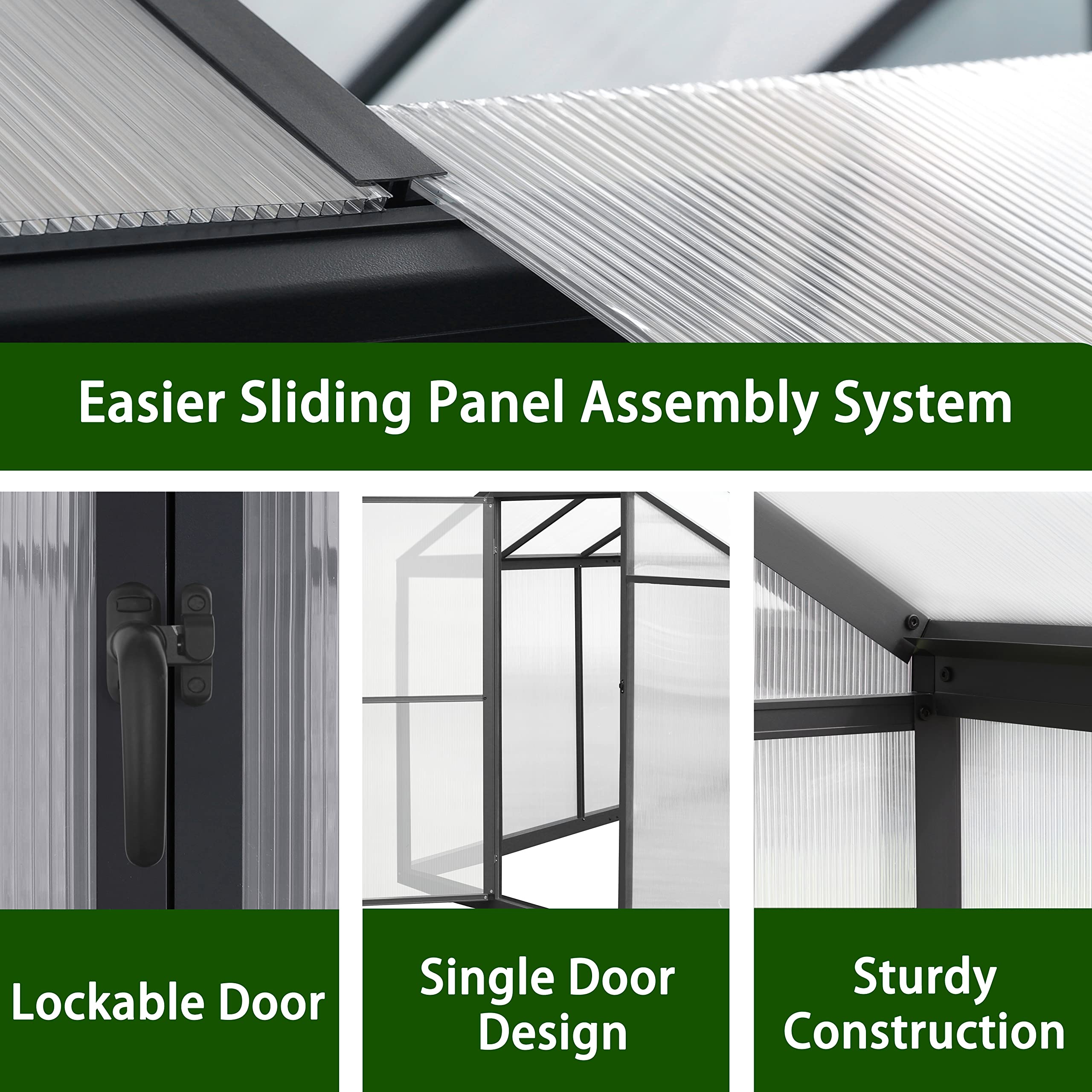6x10 FT Polycarbonate Aluminum Greenhouse Kit - Walk-in Outdoor Garden Greenhouse with Lockable Door & Adjustable Roof Vent - Perfect for Winter Gardening, Backyard Plant Protection & Year-Round Growing (Gray)