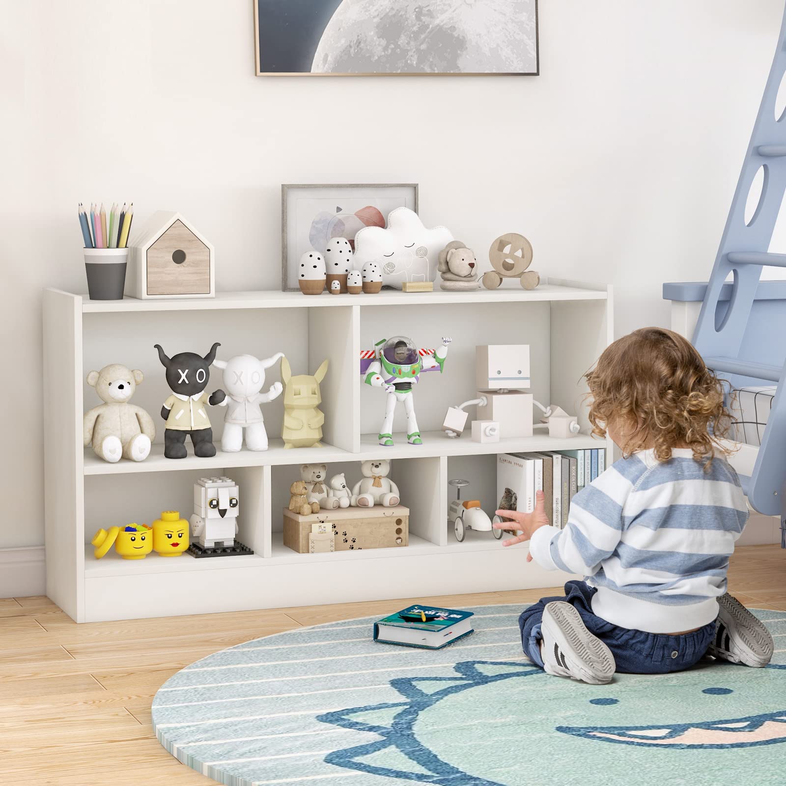 IFANNY 2-Tier Wooden Toy Storage Organizer & Kids Bookshelf - 5 Cube Bookcase for Toys, Books & Storage - White Nursery Shelf for Playroom, Classroom, Bedroom - Perfect for Organizing Kids' Toys, Books & Learning Supplies