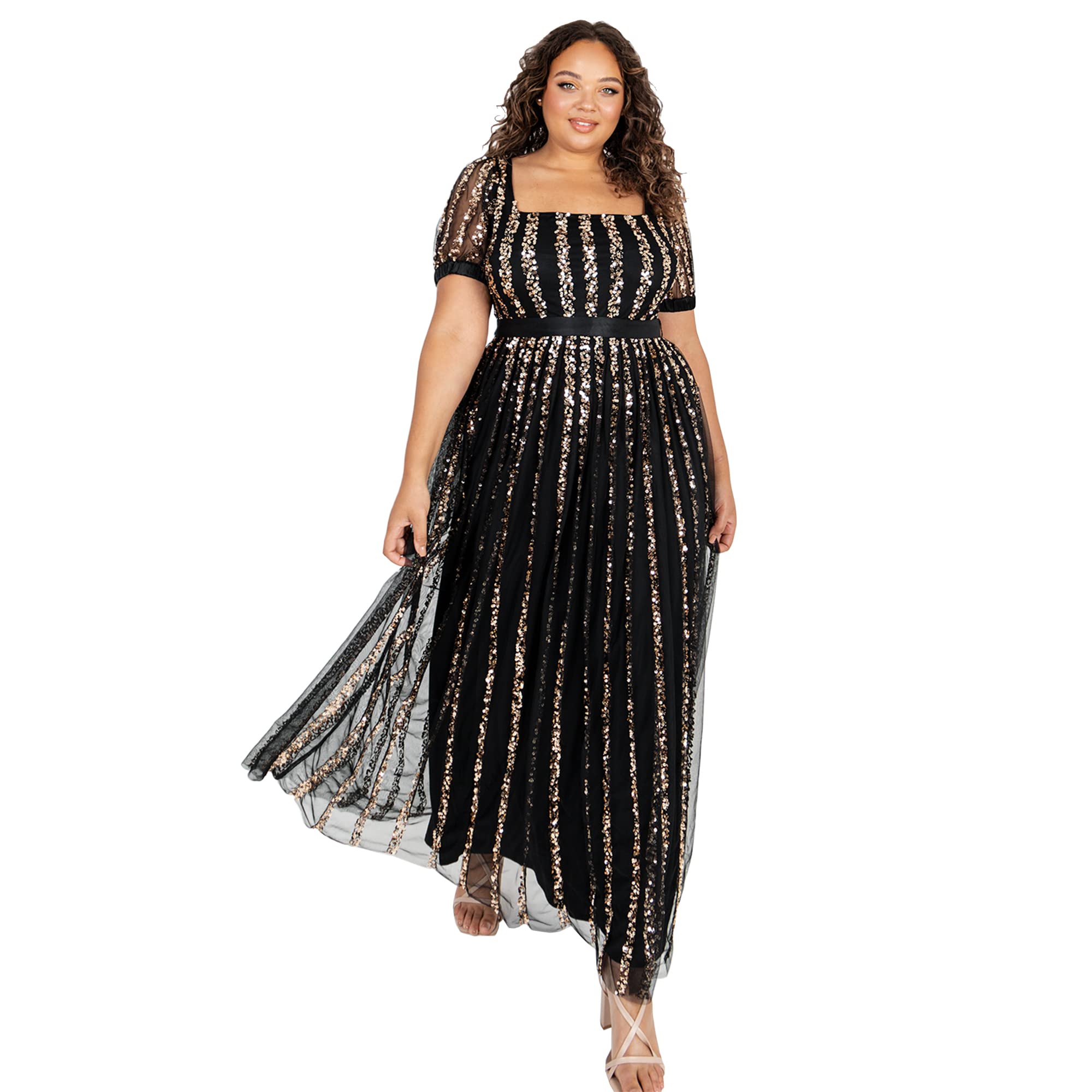 Elegant Maya Deluxe Women's Maxi Evening Dress with Sequin Details & Square Neckline - High Waist A-Line Gown for Wedding Guest, Party, Cocktail, Prom, Black