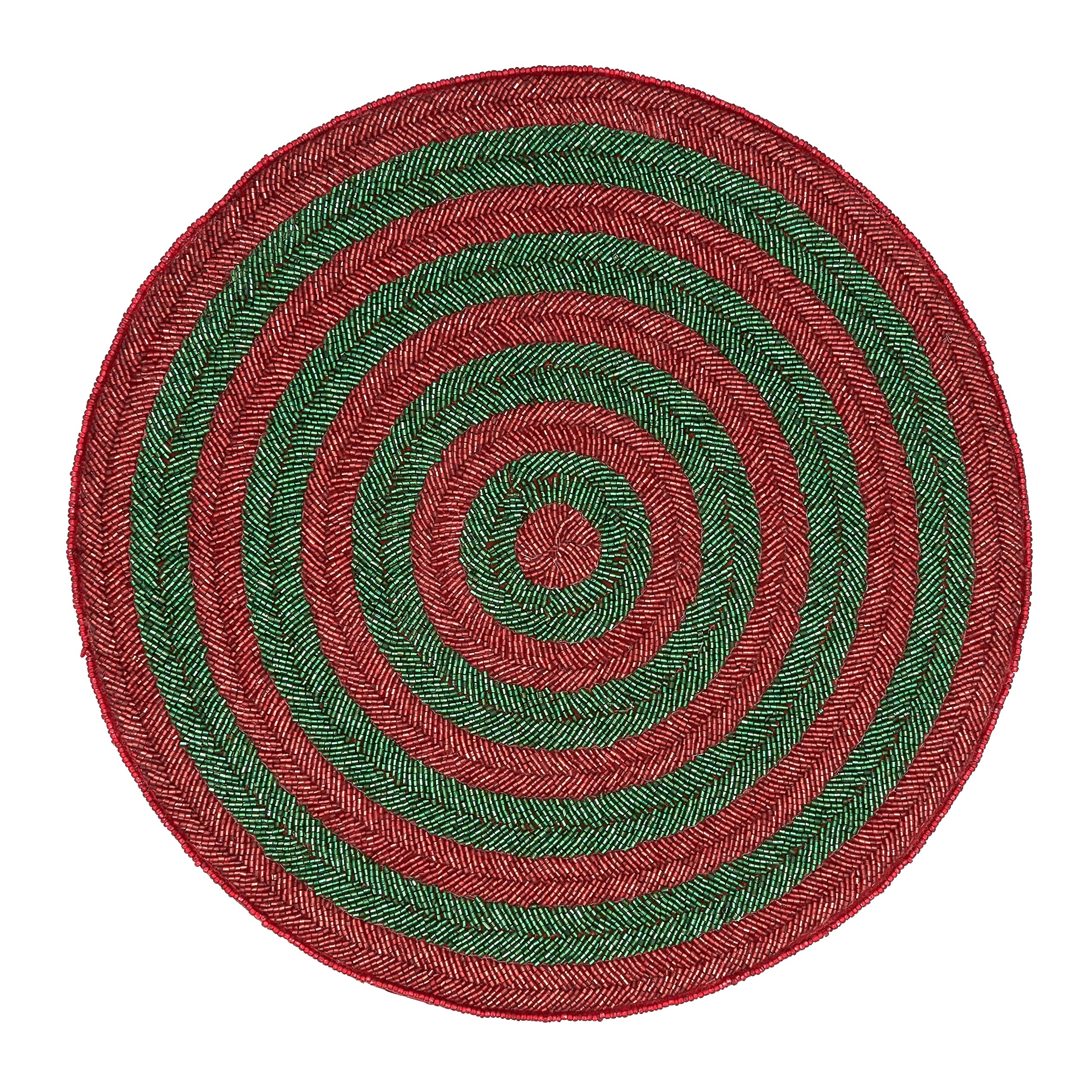 Circle Design Beaded Placemats Set of 4 - Round Handwoven Table Mats in Green & Red for Dining Table Decor, Wedding, Party, and Home Decoration