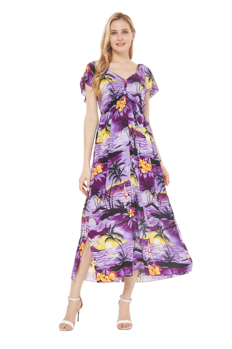 Women's Hawaiian Maxi Dress with Ruffle Sleeves - Tropical Sunset Print Flowy Beach Dress for Vacation, Summer Party & Boho Fashion
