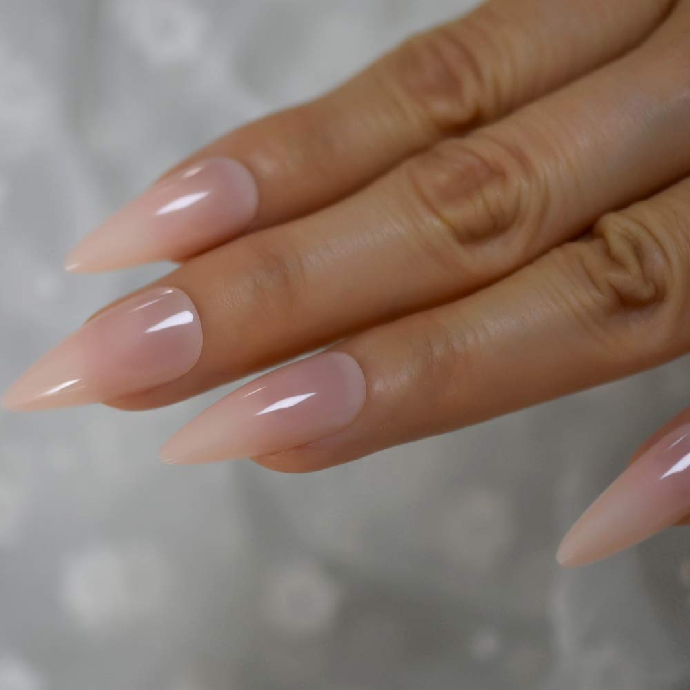 CoolNail Press-On Nails - Natural Nude Pointed Stiletto False Nail Tips, Acrylic Salon Full Cover Artificial Nails with Glue & Stickers | Perfect for Parties, Weddings & Everyday Wear
