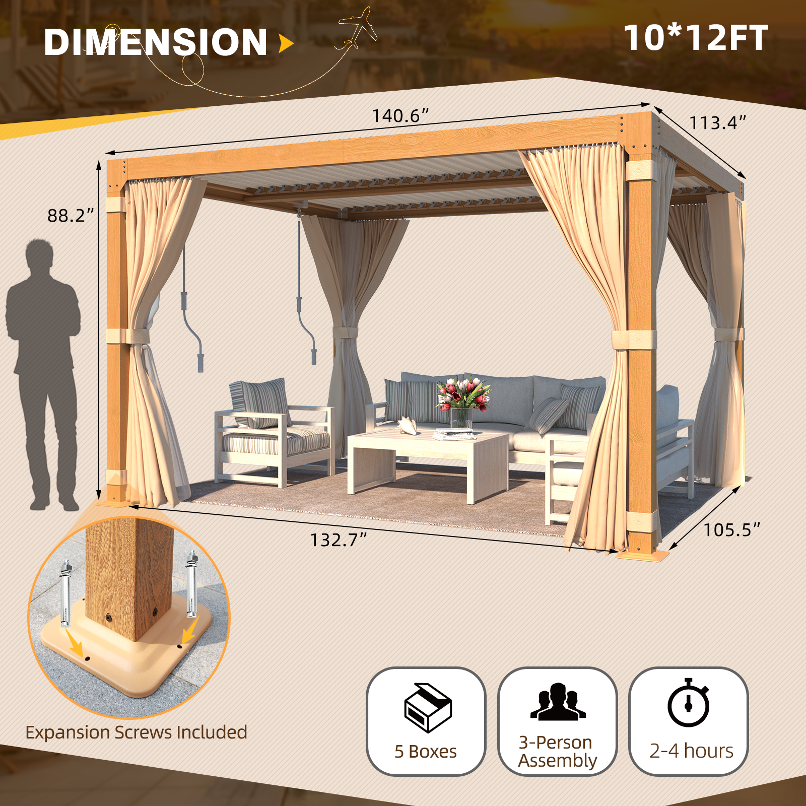 EROMMY 10x12 Adjustable Louvered Roof Pergola with Wood Grain Finish - Perfect for Patio, Backyard, and Outdoor Entertaining