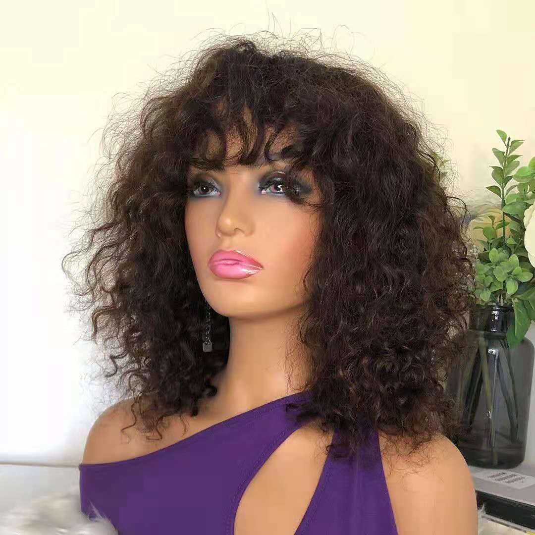 Glueless Curly Bob Human Hair Wig with Bangs - Brazilian Remy Hair 150% Density Deep Wave Wigs for Women | No Lace Scalp Top, Full Machine Made, 10