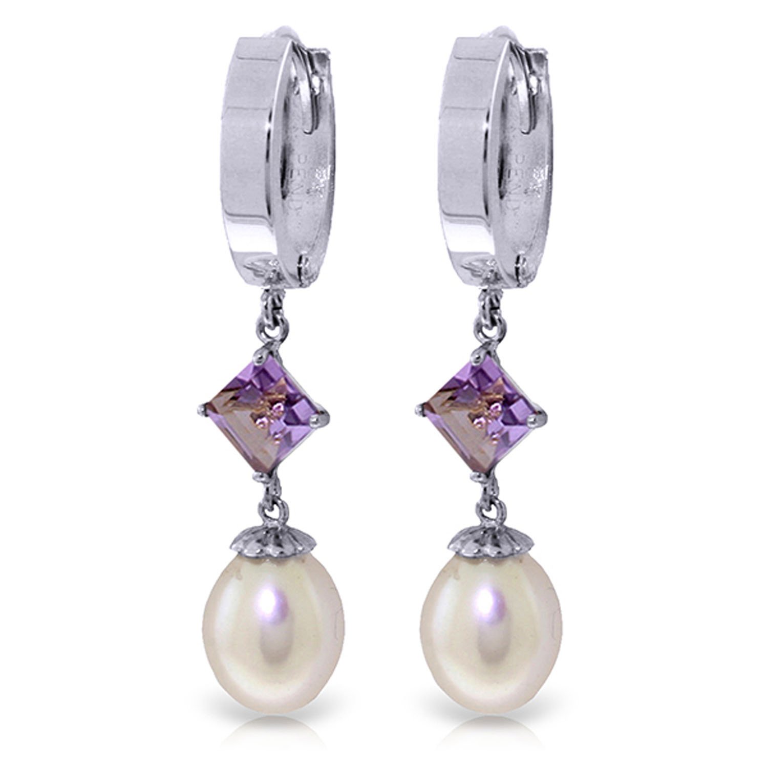 14K Solid White Gold Hoop Earrings - 9.5 CTW Natural Pearl & Amethyst Gemstone Jewelry for Women, Perfect for Weddings, Parties & Special Occasions