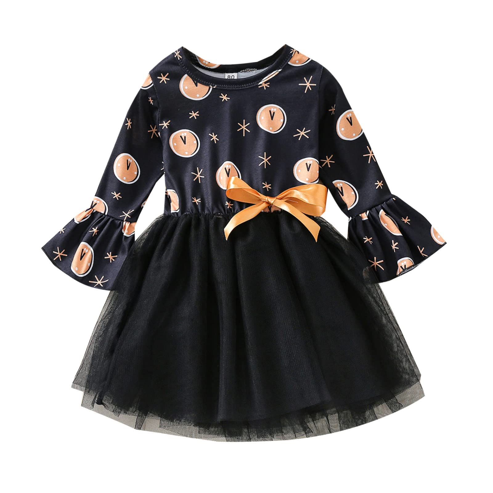 **Toddler Girls' Long Sleeve Cartoon Print Princess Dress with Bowknot & Tulle Skirt – Perfect for Birthday Parties, Holidays & Special Occasions**