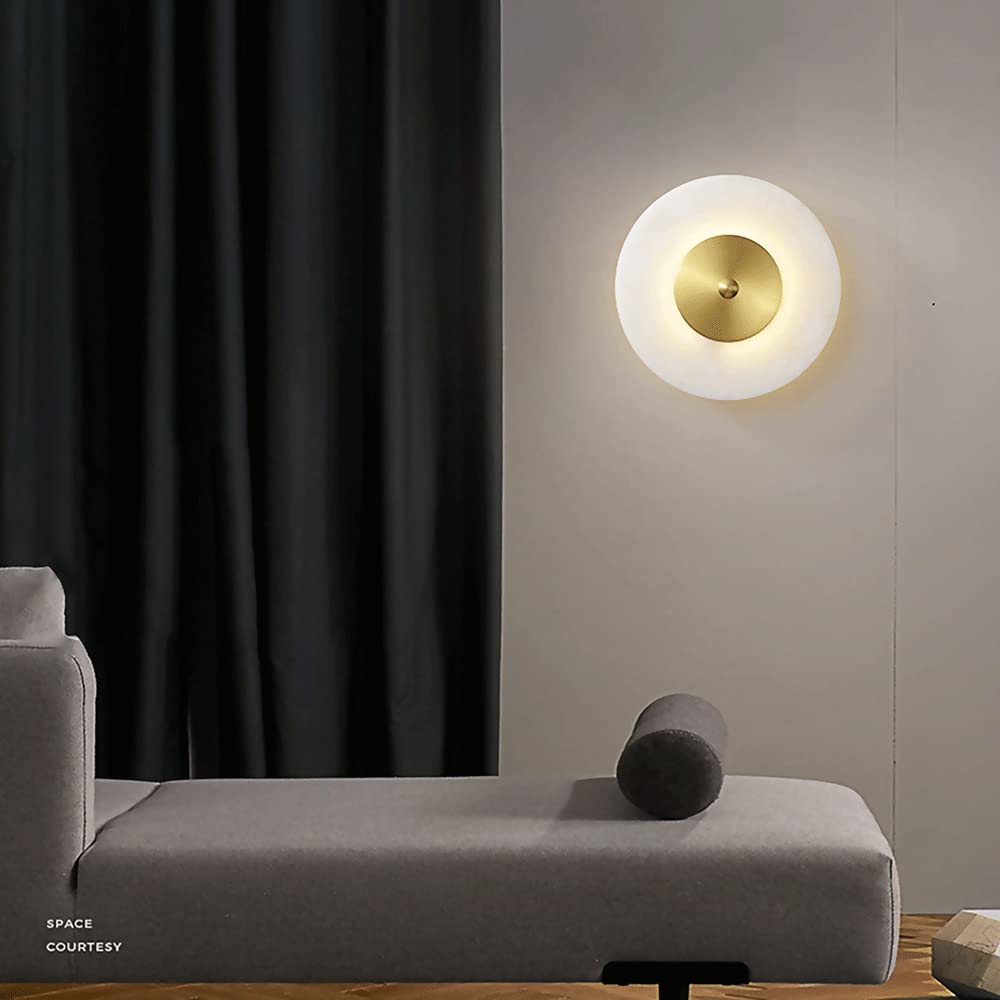 Modern Round Copper Wall Sconce with Marble Shade - LED Wall Mounted Light Fixture for Bedroom Headboard, Living Room, Hallway & Study - Dimmable Ambient Lighting for Home Decor