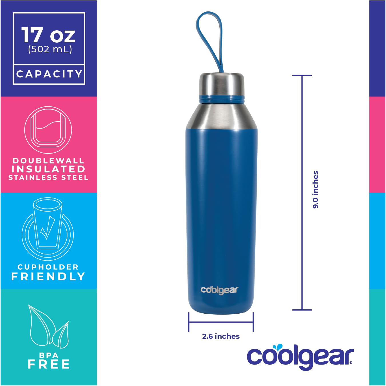 Cool Gear Stainless Steel Double Walled Vacuum Insulated Tyler Water Bottle 17oz (2 Pack) - Blue & Orange, Leak Proof Threaded Loop Lid for Gym, Hiking & Outdoor Activities