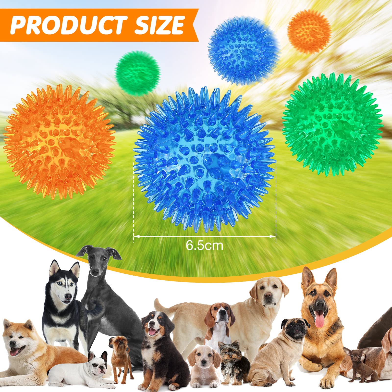 24 Pack Squeaky Dog Toys - 2.56 Inch Spiky Chew Balls for Small & Medium Dogs - TPR Puppy Fetch Toys for Aggressive Chewers - Clean Teeth & Training - Blue, Green & Orange - Perfect for Indoor Play, Outdoor Fetch & Dental Health