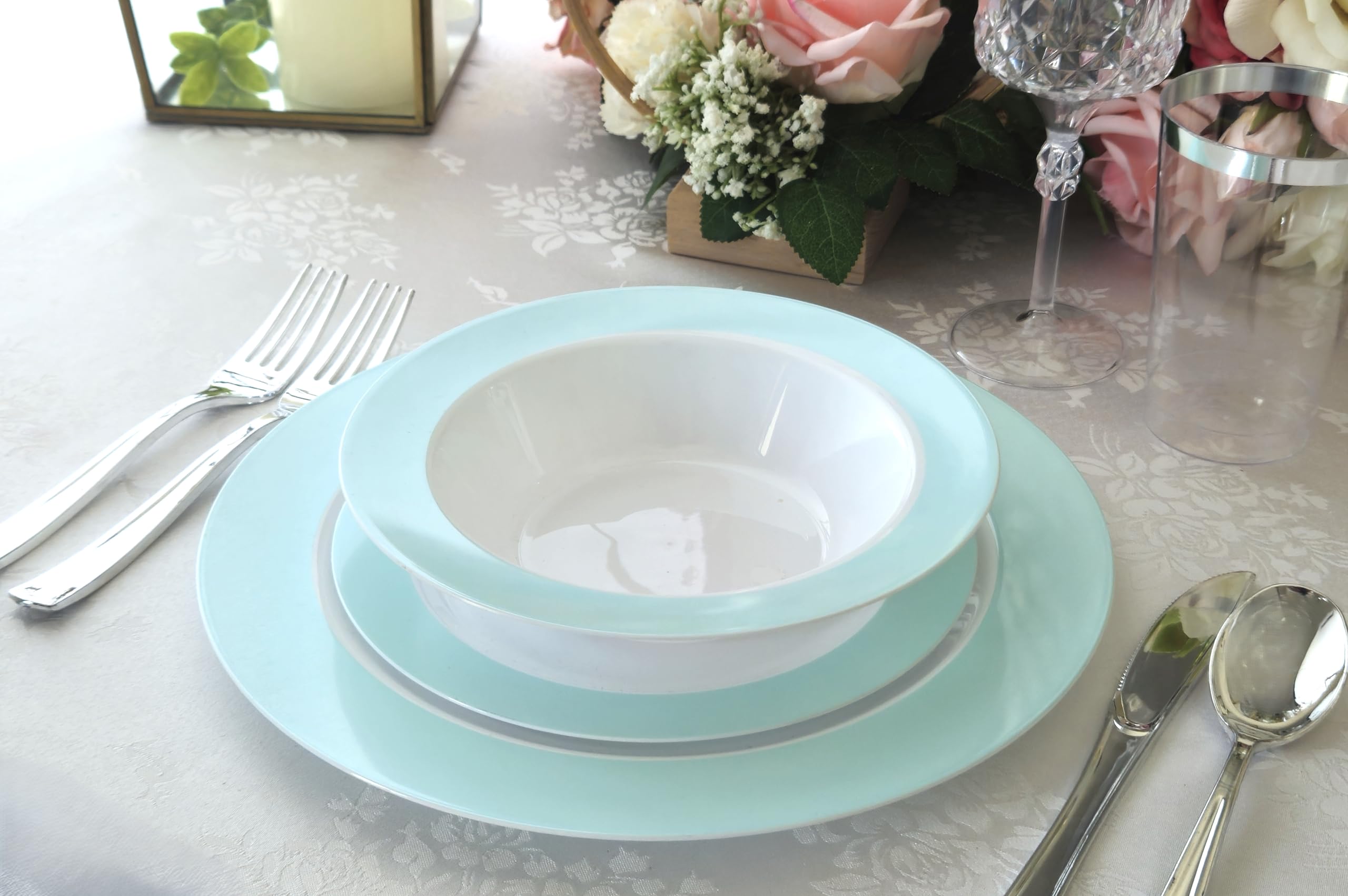240-Pack Heavyweight Disposable Plastic Plates for Weddings & Parties - 120x10.25'' Dinner Plates + 120x7.5'' Salad/Dessert Plates (Rio Collection White & Turquoise Blue) - Perfect for Large Gatherings, Catering Events & Special Occasions