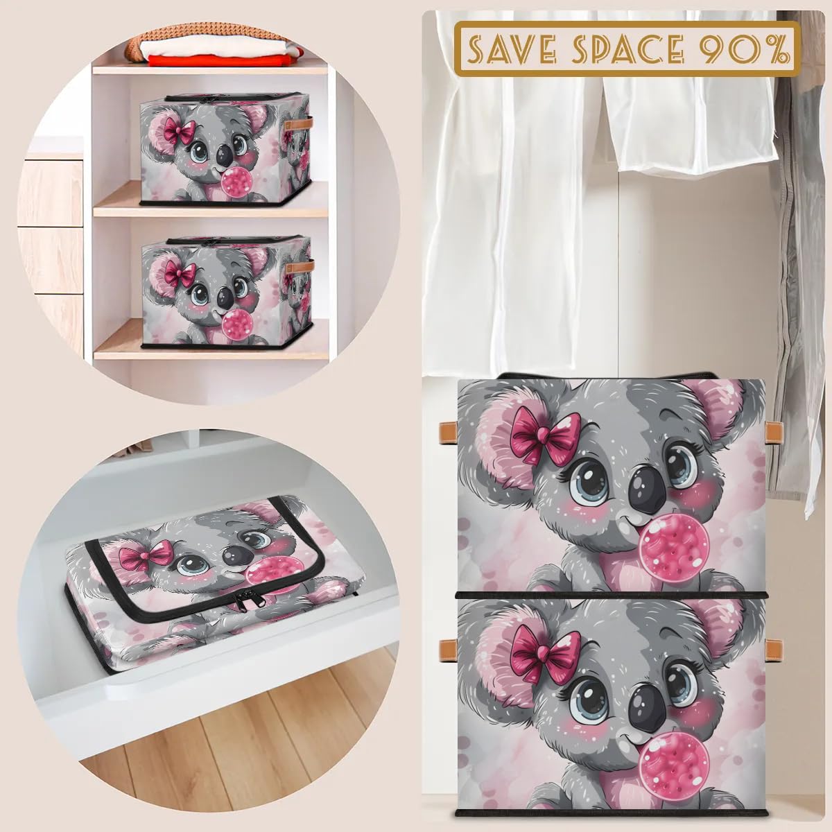 Cute Koala Bow Storage Bins with Zipper Lid - 2pcs Stackable Closet Organizer Baskets with Metal Frame & PU Handles - Perfect for Clothes, Toys, and Home Organization
