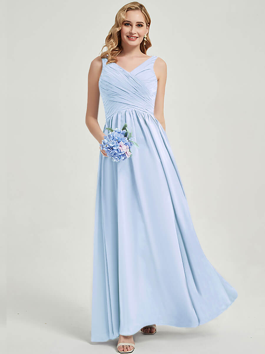 Cornflower Blue Bridesmaid Dress - V Neck Sleeveless with Wide Straps & Pleated Design for Wedding Party, Formal Events & Special Occasions
