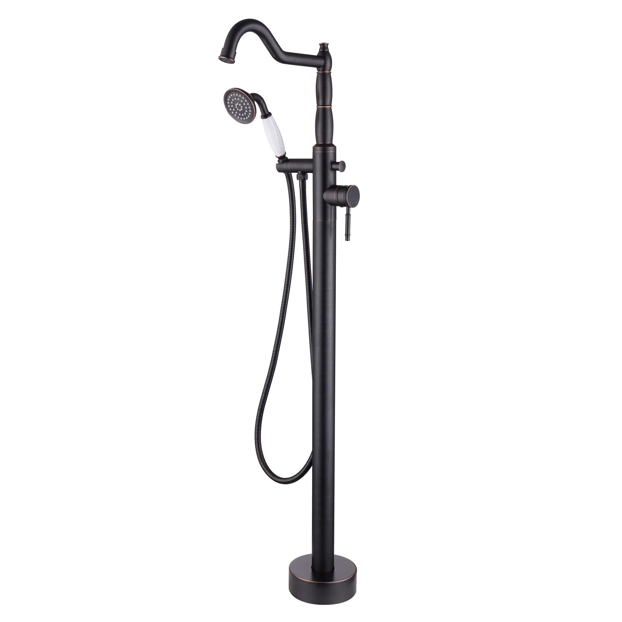 Oil-Rubbed Bronze Freestanding Bathtub Faucet with Rotating Handheld Shower - Classic Brass Floor Mount Tub Filler for Clawfoot & Soaking Tubs | Perfect for Spa-Like Bathroom Retreats and Vintage Style Decor