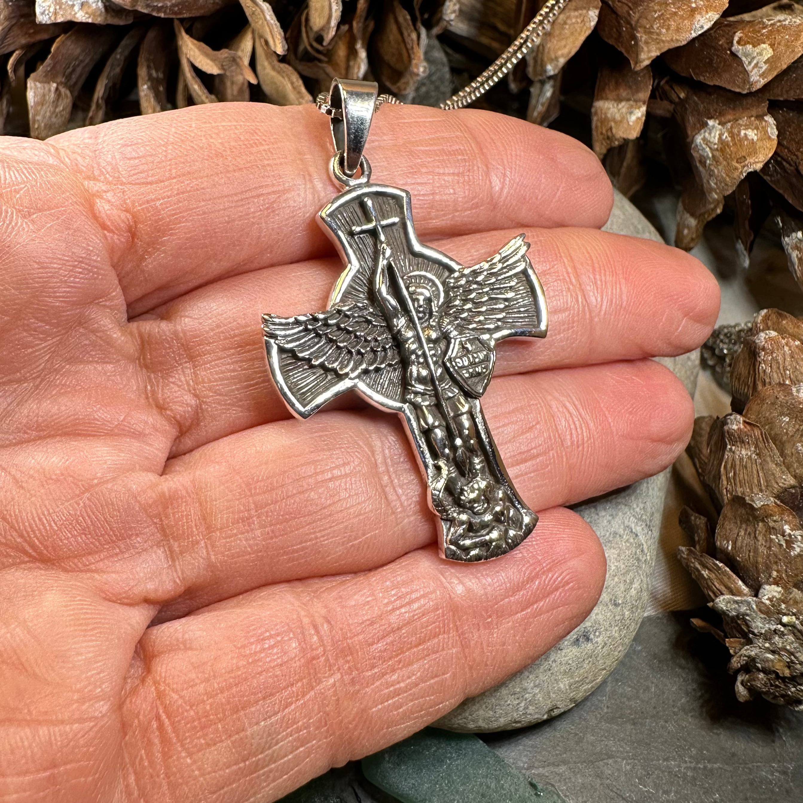 Large Saint Michael Cross Pendant - Sterling Silver Religious Necklace for Men & Women - Perfect for Baptism, Confirmation & Spiritual Protection Jewelry