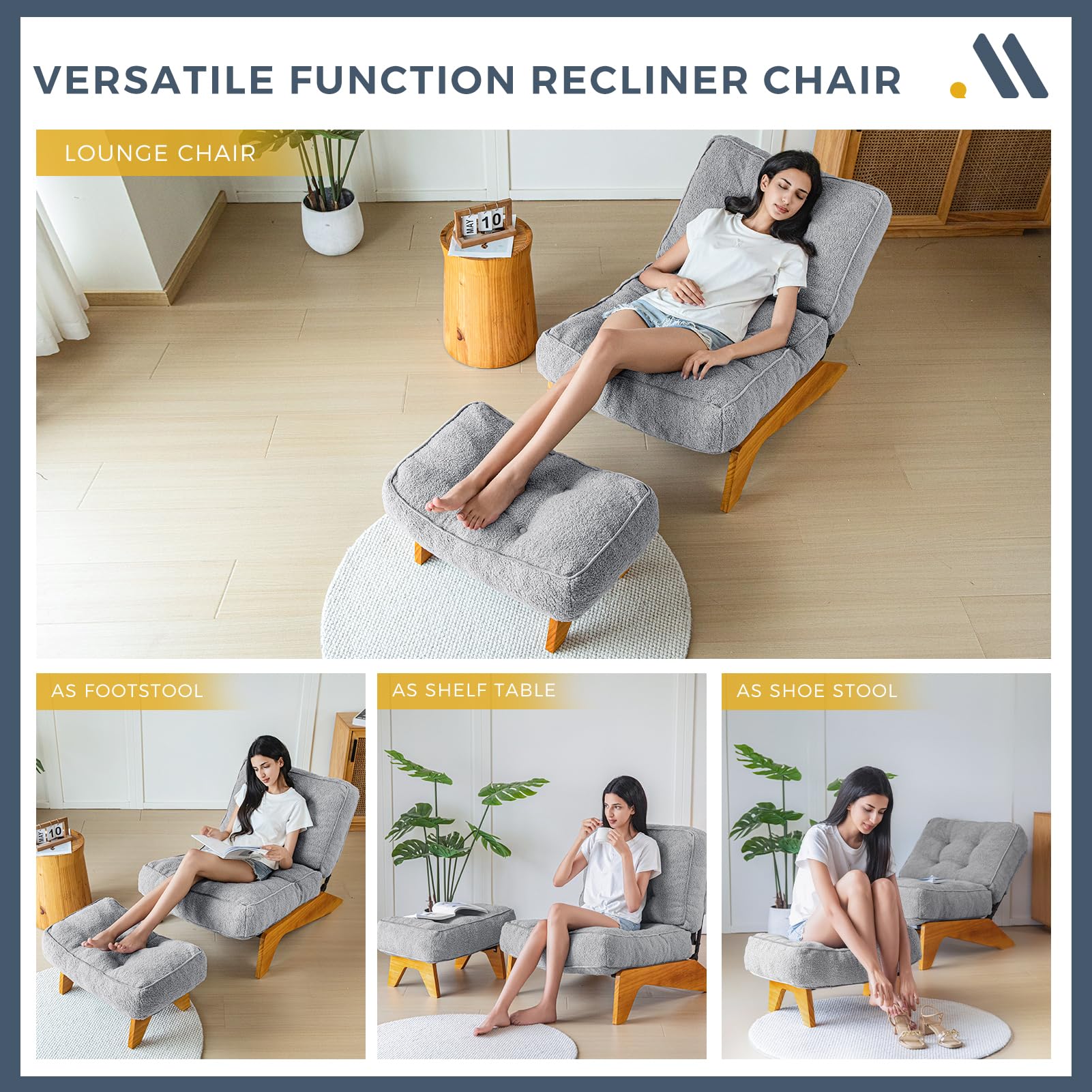 MAXYOYO Adjustable Reclining Lounge Chair with Ottoman - Thick Cushion Accent Chair & Footrest Set for Living Room, Dark Grey - Perfect for Relaxing, Reading & TV Watching