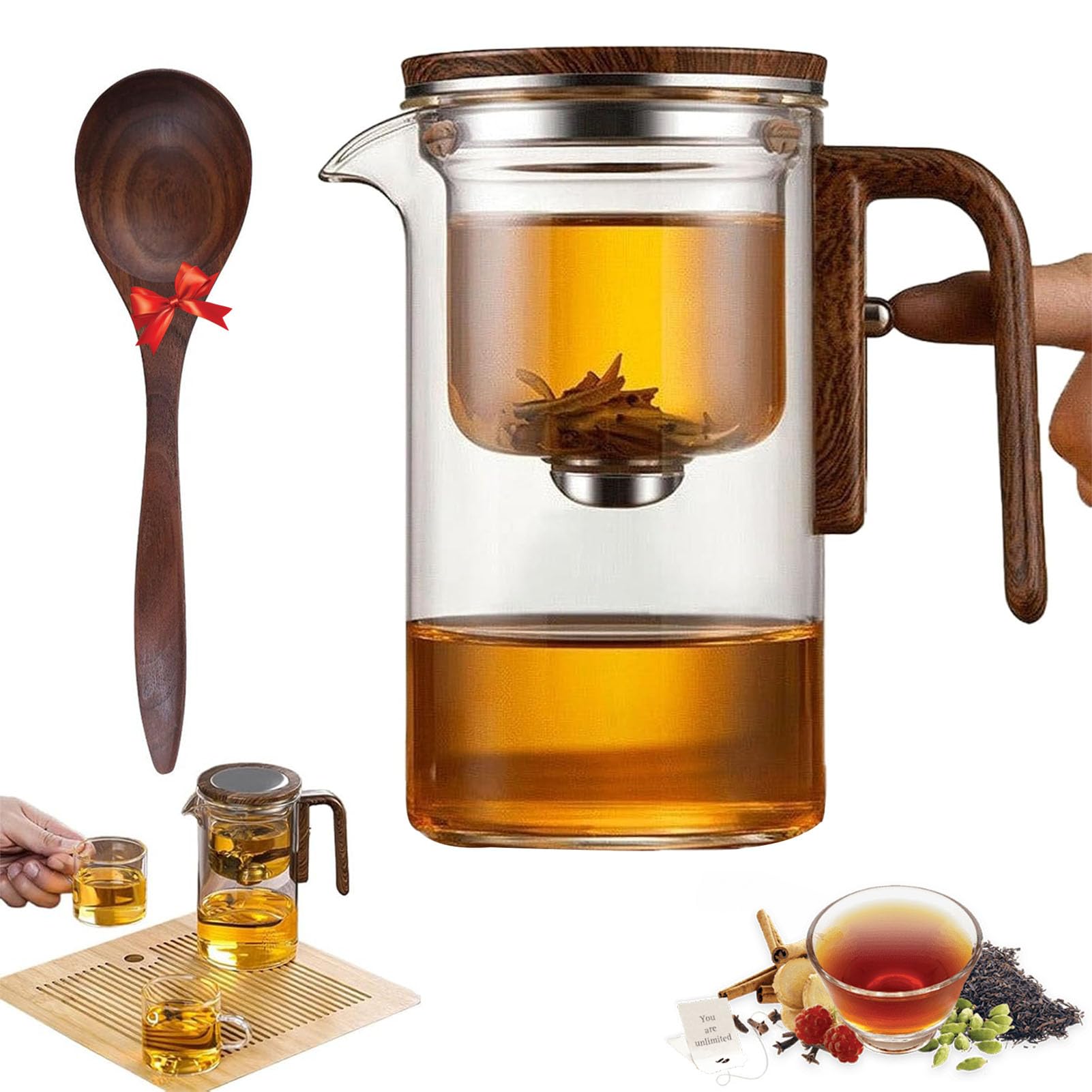 Enchanti Magnetic Press Control Glass Teapot with Wooden Handle & Strainer - 520ml & 720ml Options - Perfect for Loose Leaf Tea Brewing, Herbal Infusions & Tea Ceremonies - Water Separation Design for Easy Pouring (520ml Pot Only)