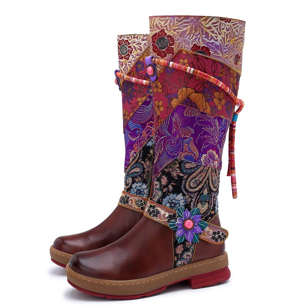 CrazycatZ Women's Leather Bohemian Knee High Boots with Block Heel - Exotic Pattern Tall Bootie for Fall & Winter Fashion, Party & Night Out