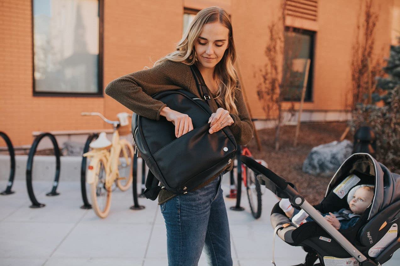 Little Unicorn Skyline Backpack - Vegan Leather Diaper Bag for Work & Travel with Changing Pad - Lightweight, Durable & Easy to Clean - 5 Interior Pockets (Black) - Perfect for Parents, Business Trips & Weekend Getaways