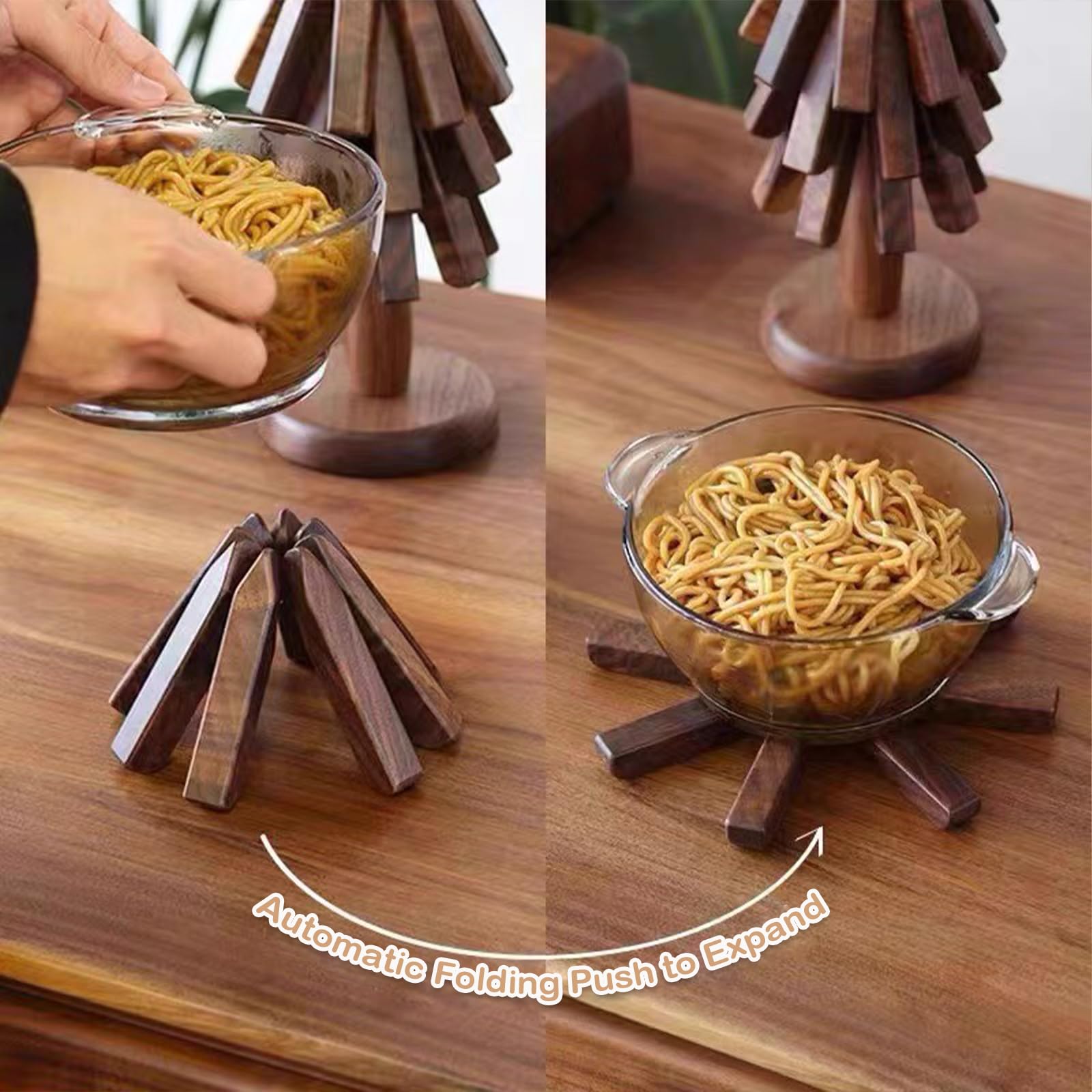 Heat Resistant Wooden Trivet Set of 3 - Non-Slip Foldable Christmas Tree Shaped Coasters for Pots, Pans, Plates & Drinks - Perfect for Holiday Dining, Kitchen Protection & Table Decor