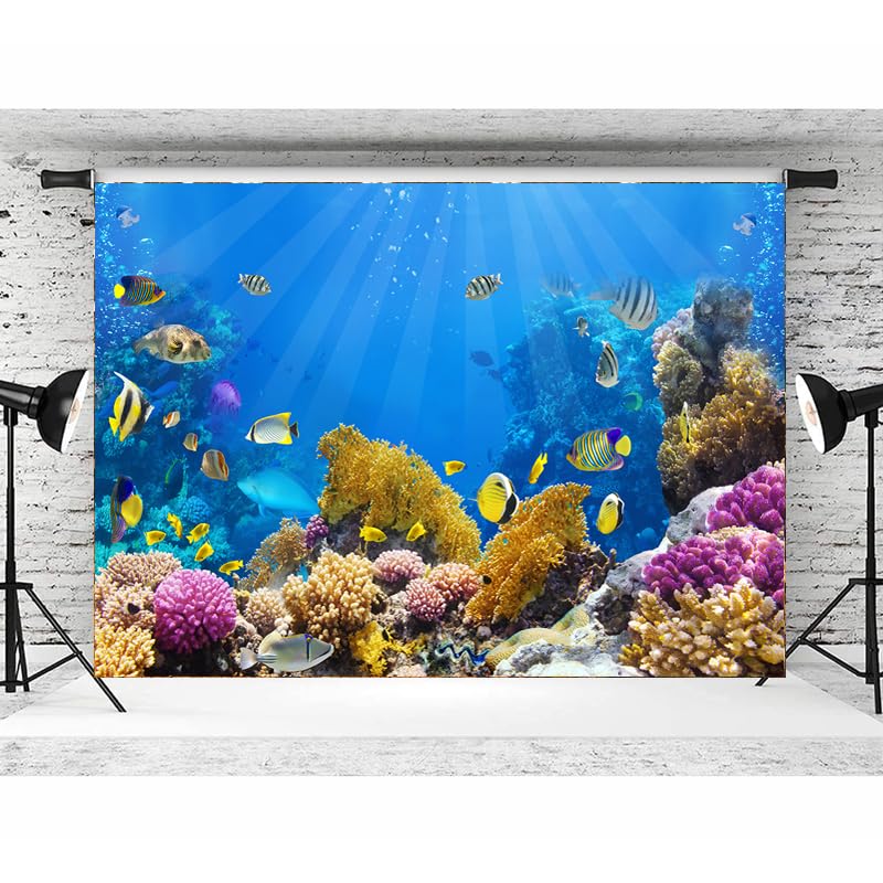 7x5ft Under The Sea Photography Backdrop - Aquarium Underwater World Tropical Fish Coral Reef Background for Mermaid Birthday, Baby Shower & Ocean Party Decorations - Perfect for Photo Booth, Events & Social Media Props (279)