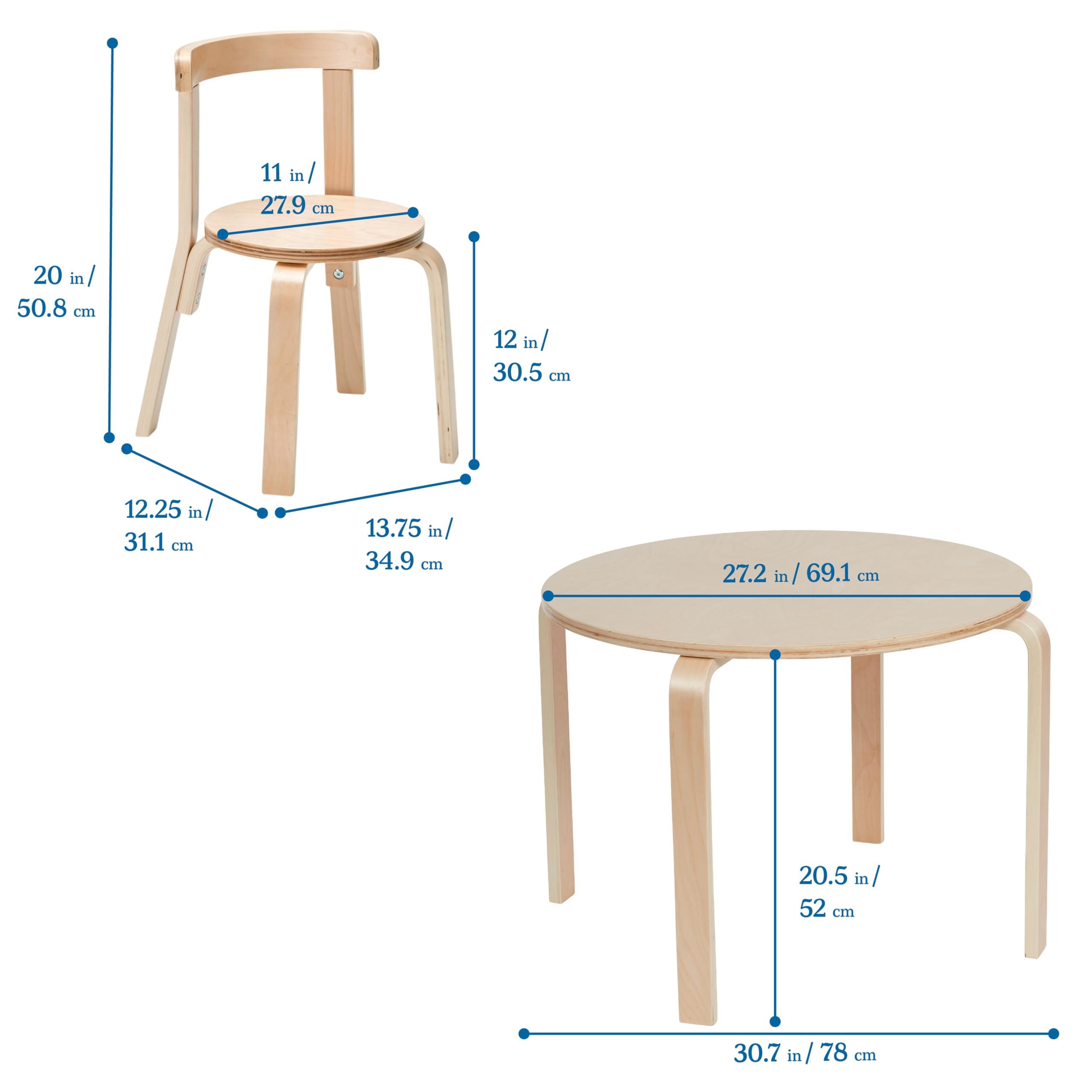 ECR4Kids Natural Bentwood Round Table and Curved Back Chair Set - 5-Piece Kids Furniture for Classroom, Playroom & Homeschool Learning Environment