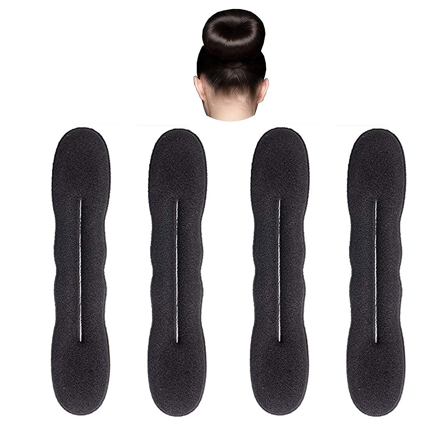 Ruchi Set of 4 Black Hair Donut Bun Maker - Magic Beauty Foam Sponge for Perfect Hairstyles - Great for Updos, Ponytails & Special Occasions