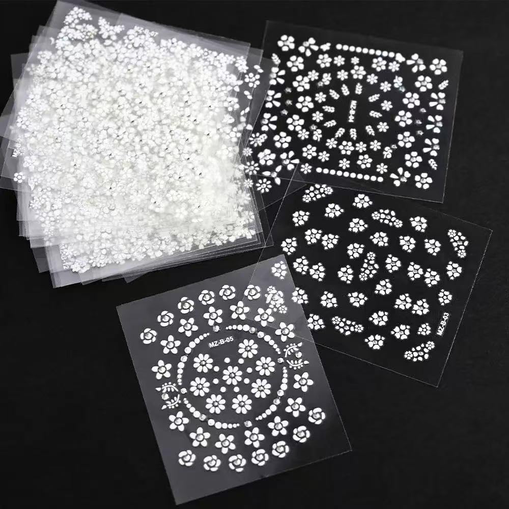 3D White Flower Nail Art Stickers with Rhinestones - Self-Adhesive Nail Decals for Professional Salon & Home Manicure - 30 Sheets Floral Nail Designs for Wedding, Party & Everyday Nail Decorations
