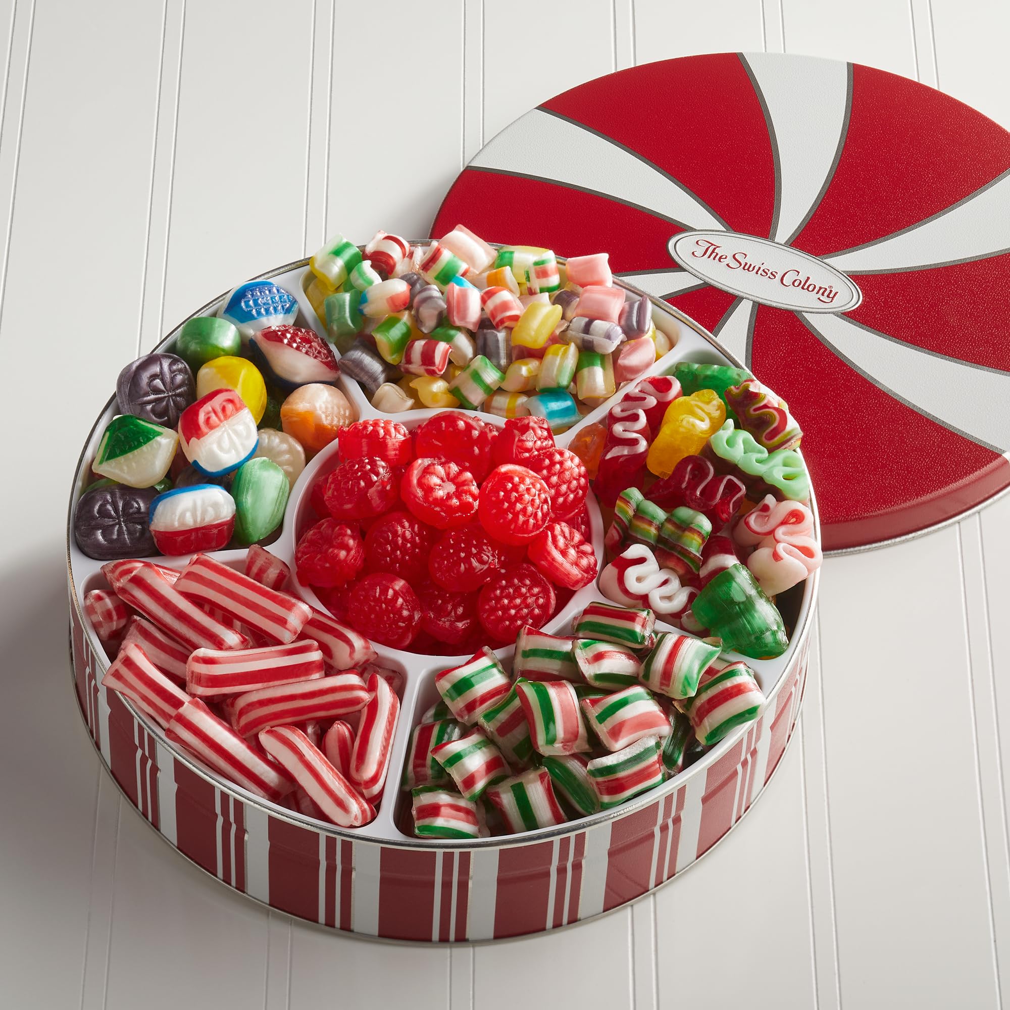 Swiss Colony Traditional Candy Tin - 1 lb. 14 oz. Old Fashioned Hard Candy Mix with Ribbon Candy & Candy Pillows | Holiday Gift Box for Christmas, Birthday & Special Occasions | Perfect for Office Treats, Party Favors & Home Decor