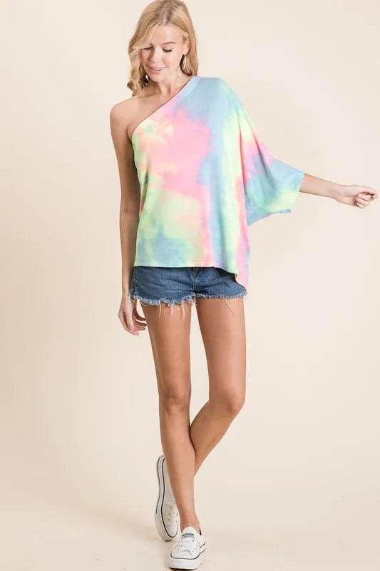BiBi Tie Dye French Terry One Shoulder Dolman Top | Trendy Women's Fashion | Perfect for Summer Outings & Beach Vacations