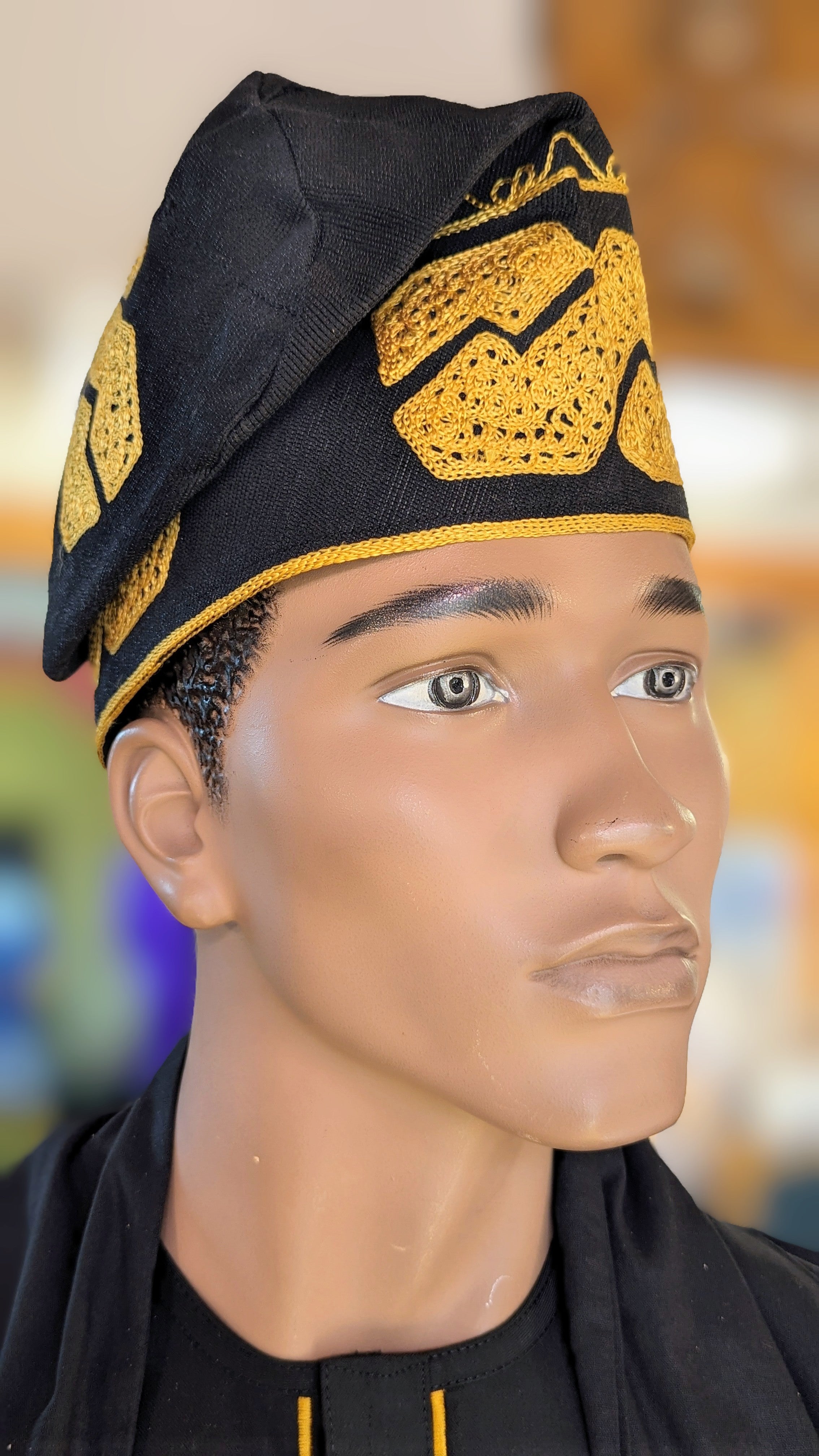 Dupsie's Akoko Black and Gold Embroidered Fila Kufi Hat for Men - Islamic Prayer Cap, Eid Gift, African Cultural Headwear - Perfect for Religious Ceremonies, Weddings, and Special Occasions