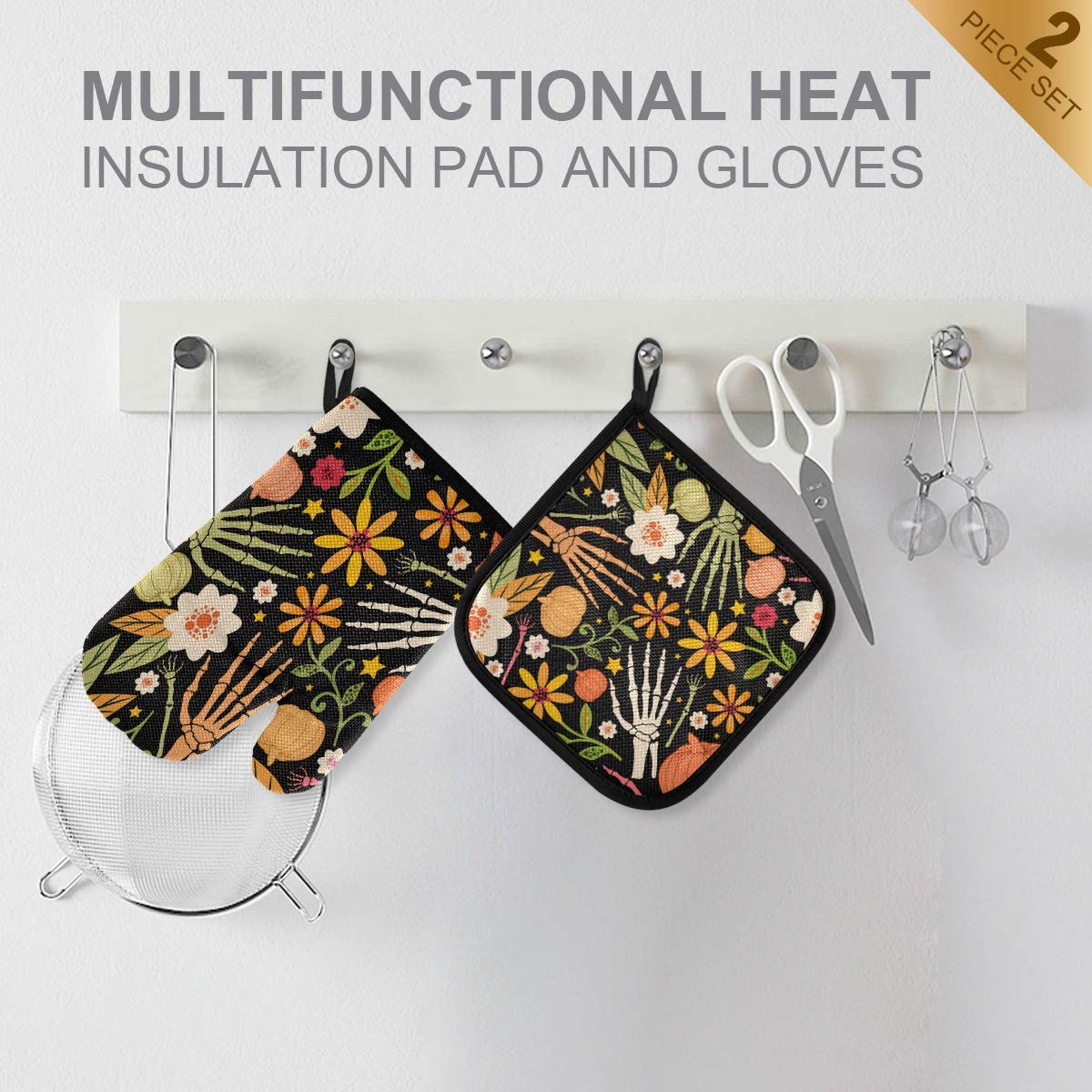 **Halloween Sugar Skull Oven Mitts & Pot Holders - 2pcs Heat Resistant Non-Slip Kitchen Potholder Set for Cooking, Baking, BBQ - Day of The Dead Decor for Spooky Season & Mexican-Themed Parties**