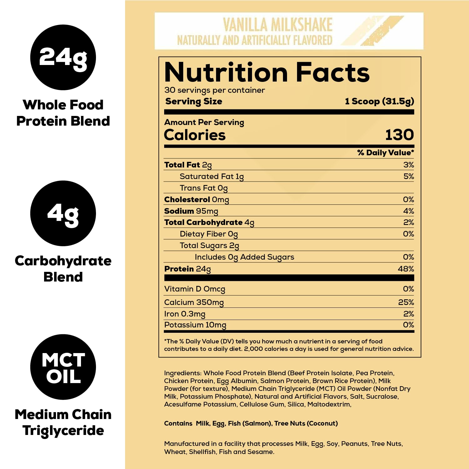 REDCON1 MRE Lite Whole Food Protein Powder - Vanilla Milkshake Flavor | Low Carb Whey-Free Meal Replacement with Animal Protein Blends | Easy Digest MCT Oil Supplement (30 Servings) | Perfect for Post-Workout Recovery & Keto Diet