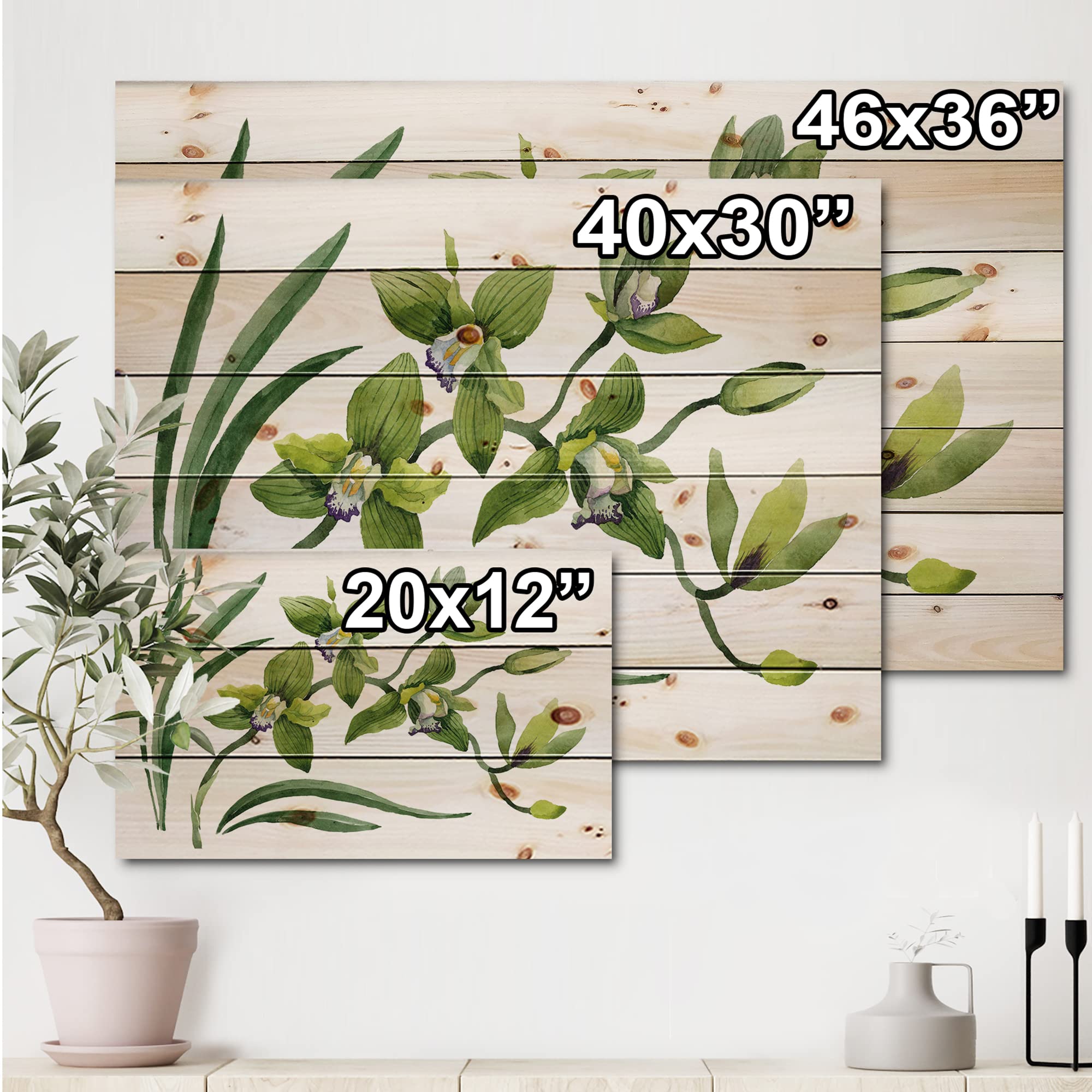 Green Orchid Flowers Traditional Wood Wall Decor - Large Floral Wood Art Panel Printed on Natural Pine - Perfect for Living Room, Bedroom & Office Wall Decoration