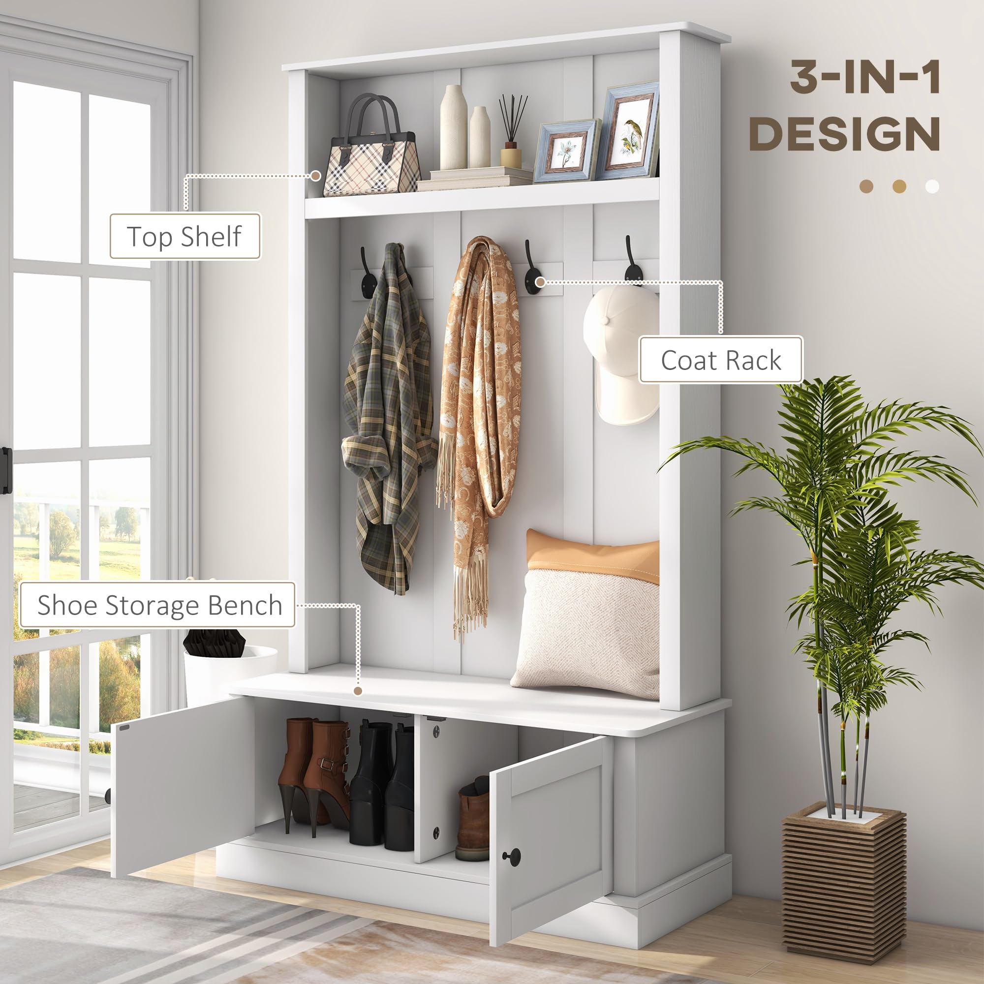 HOMCOM 42 Inch 3-in-1 Entryway Hall Tree with Storage Bench, Coat Rack with 6 Hooks, Shoe Organizer and Top Shelf - White | Perfect for Mudroom, Foyer & Entryway Organization