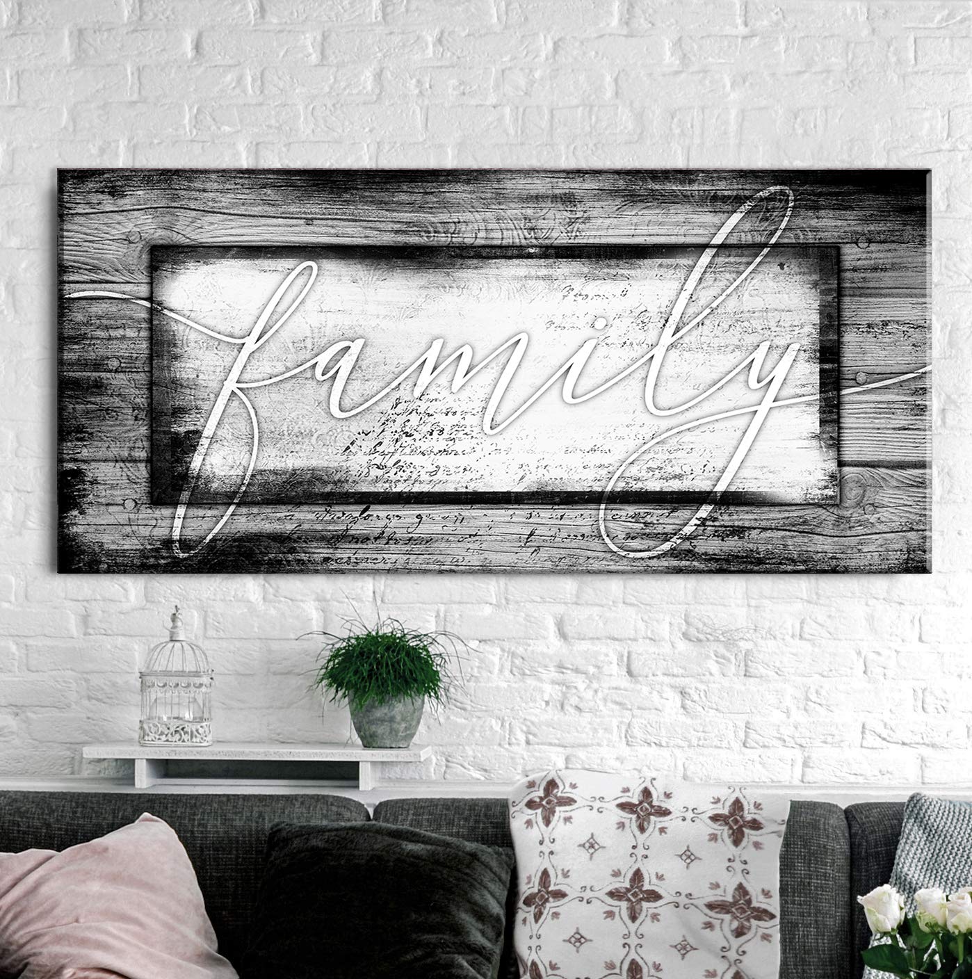 Farmhouse Framed Wall Art - Large Rustic Canvas Painting for Living Room Decor, Housewarming Gift (Grey, 42x19) - Perfect for Family Home Decor & Cozy Farmhouse Style Interiors