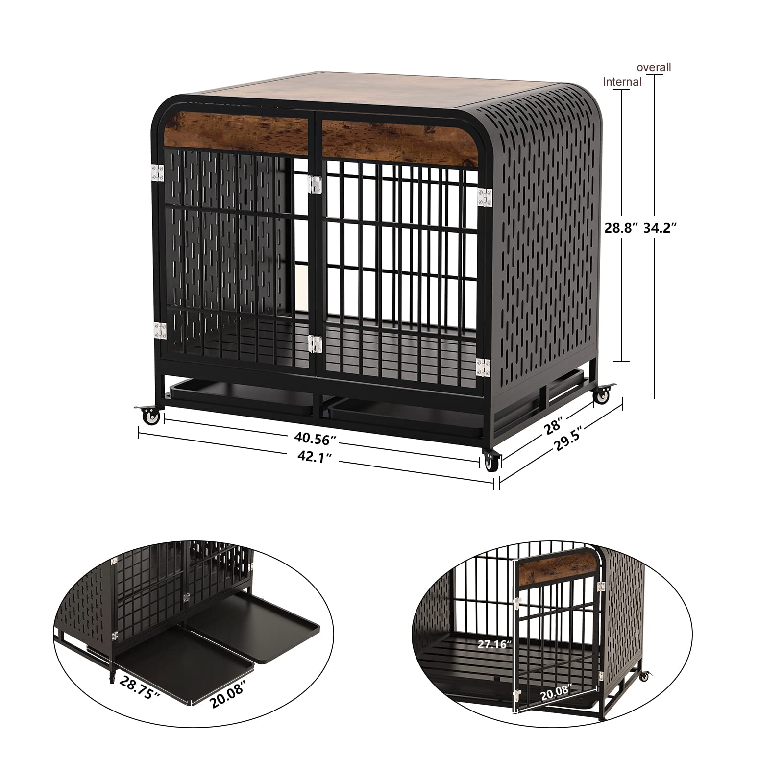 Heavy Duty 42 Inch Large Dog Crate - Wooden Furniture Style Kennel with Table Top | Rustic Brown Indoor Dog House for Living Room, Bedroom & Office Use