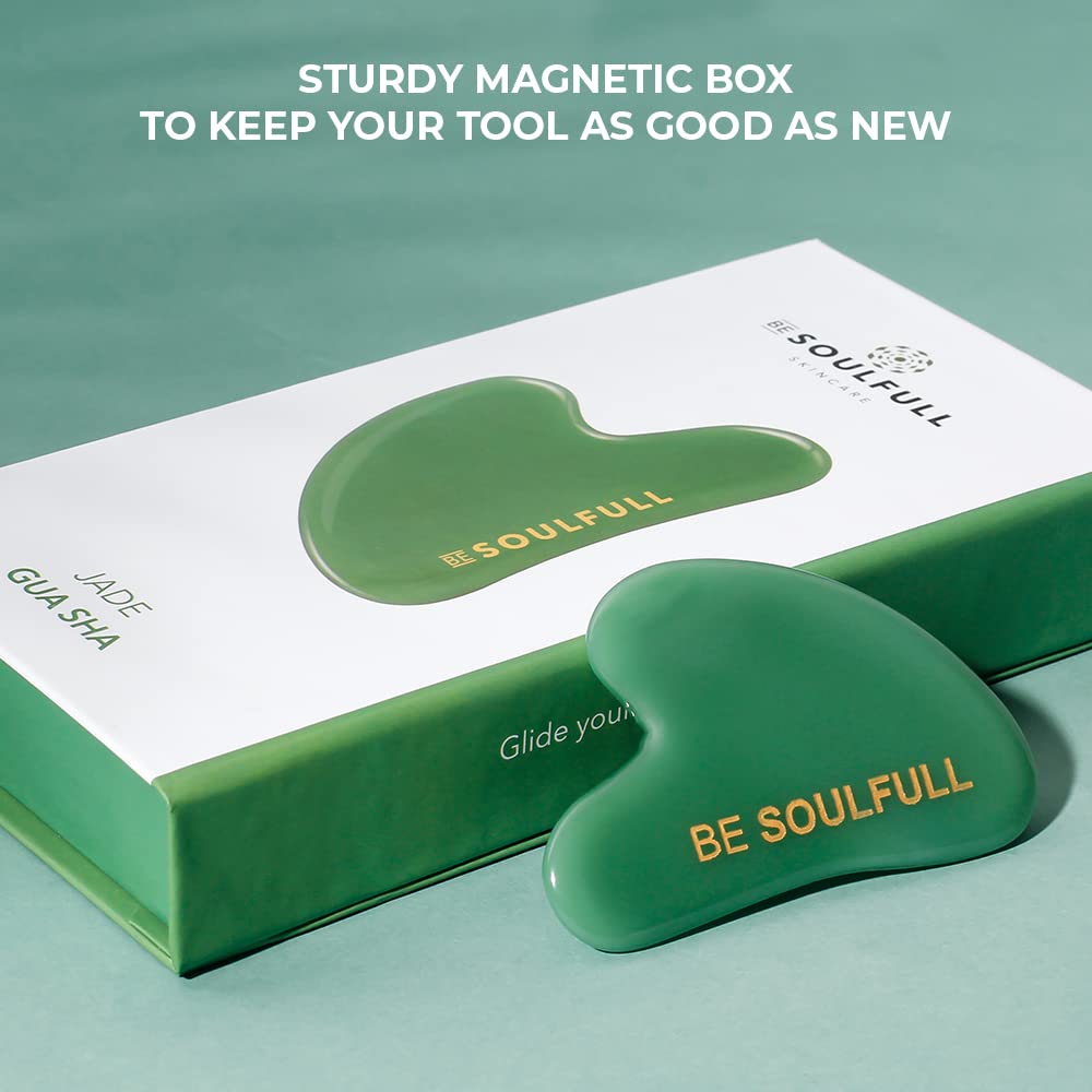 BE SOULFULL Jade Gua Sha Stone - Natural Green Jade Facial Massage Tool for Face Sculpting, Jawline Definition & Relaxation - Includes Magnetic Storage Box - Perfect for Skincare Routine & Self-Care Rituals