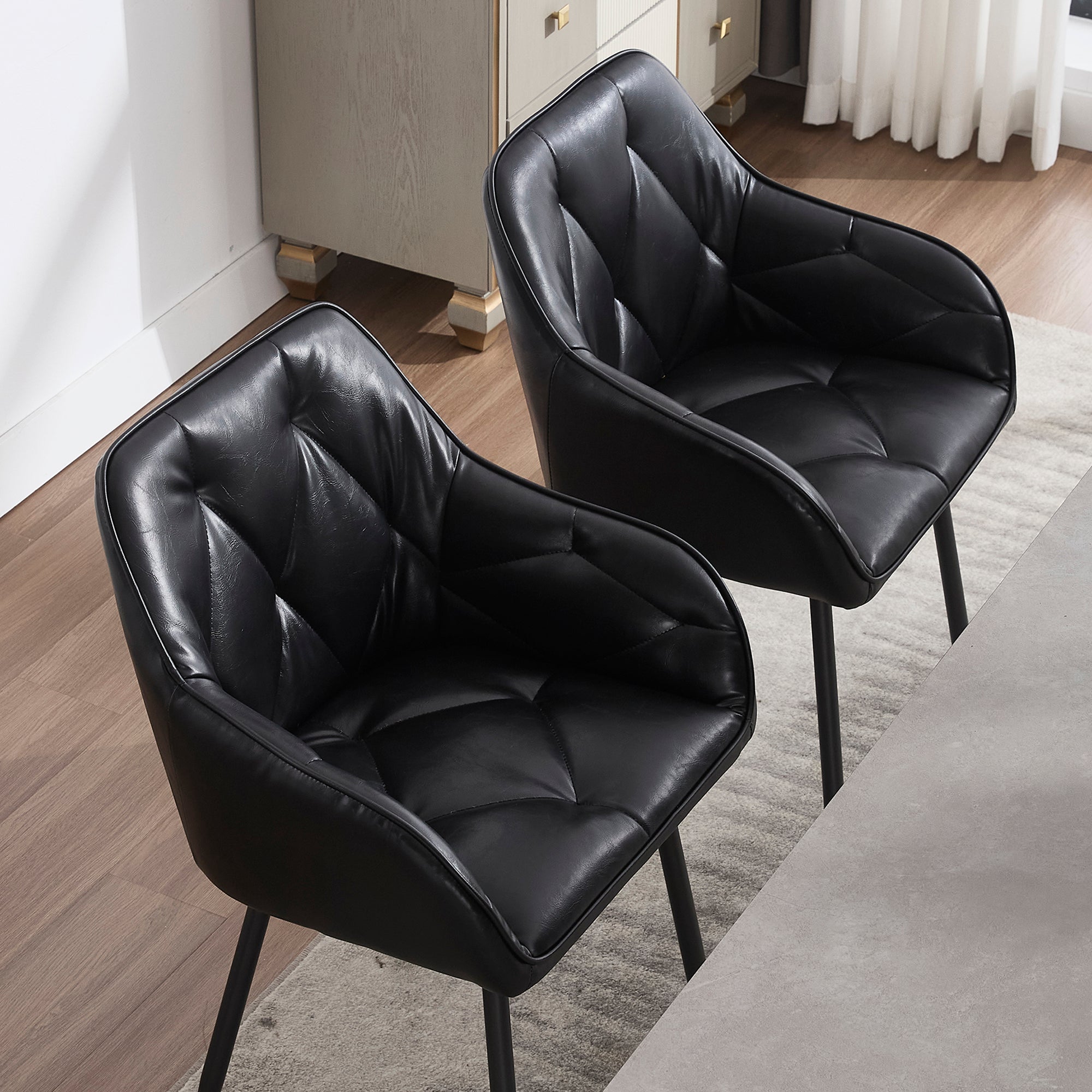 Set of 2 Upholstered Dining Chairs - Faux Leather Vintage Kitchen Chairs with Armrests, Comfortable Seats, Easy Assembly & Cleaning - Perfect for Dining Room, Kitchen, Living Room (Black) | Elegant Home Decor & Dinner Party Seating