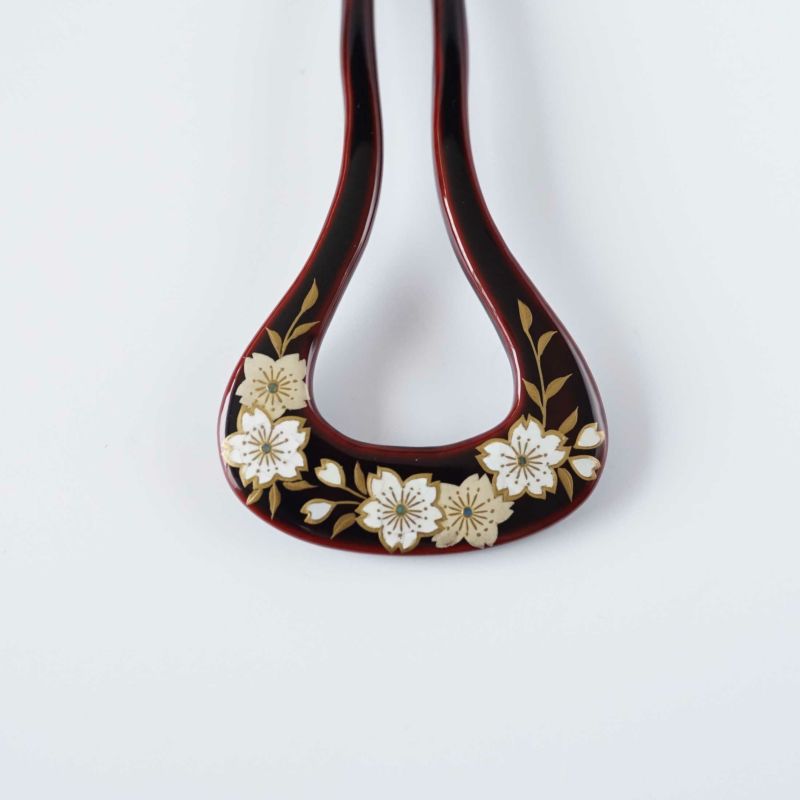 Handmade Japanese Kanzashi Hairpin - Pure Gold Maki-e Urushi Lacquer & Raden Mother of Pearl Inlay Cherry Blossom Design, Deep Dark Brown - Traditional Kyoto Hair Ornament for Weddings, Tea Ceremonies & Kimono Styling